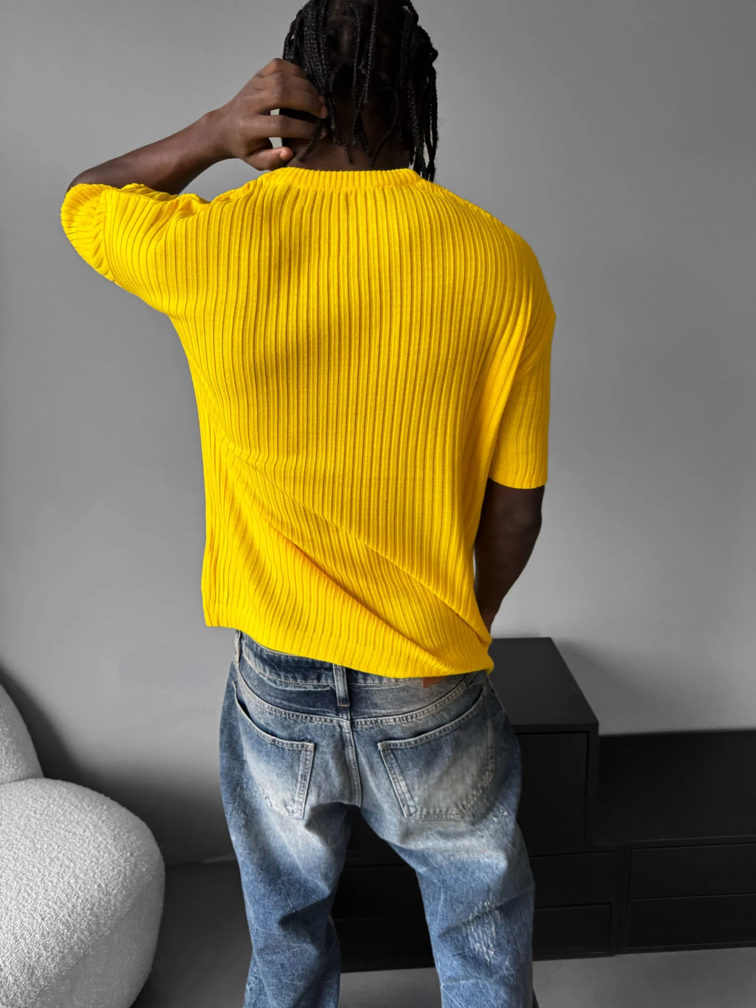 Loose Fit Ribbed Knit T-Shirt - Yellow - Image 4