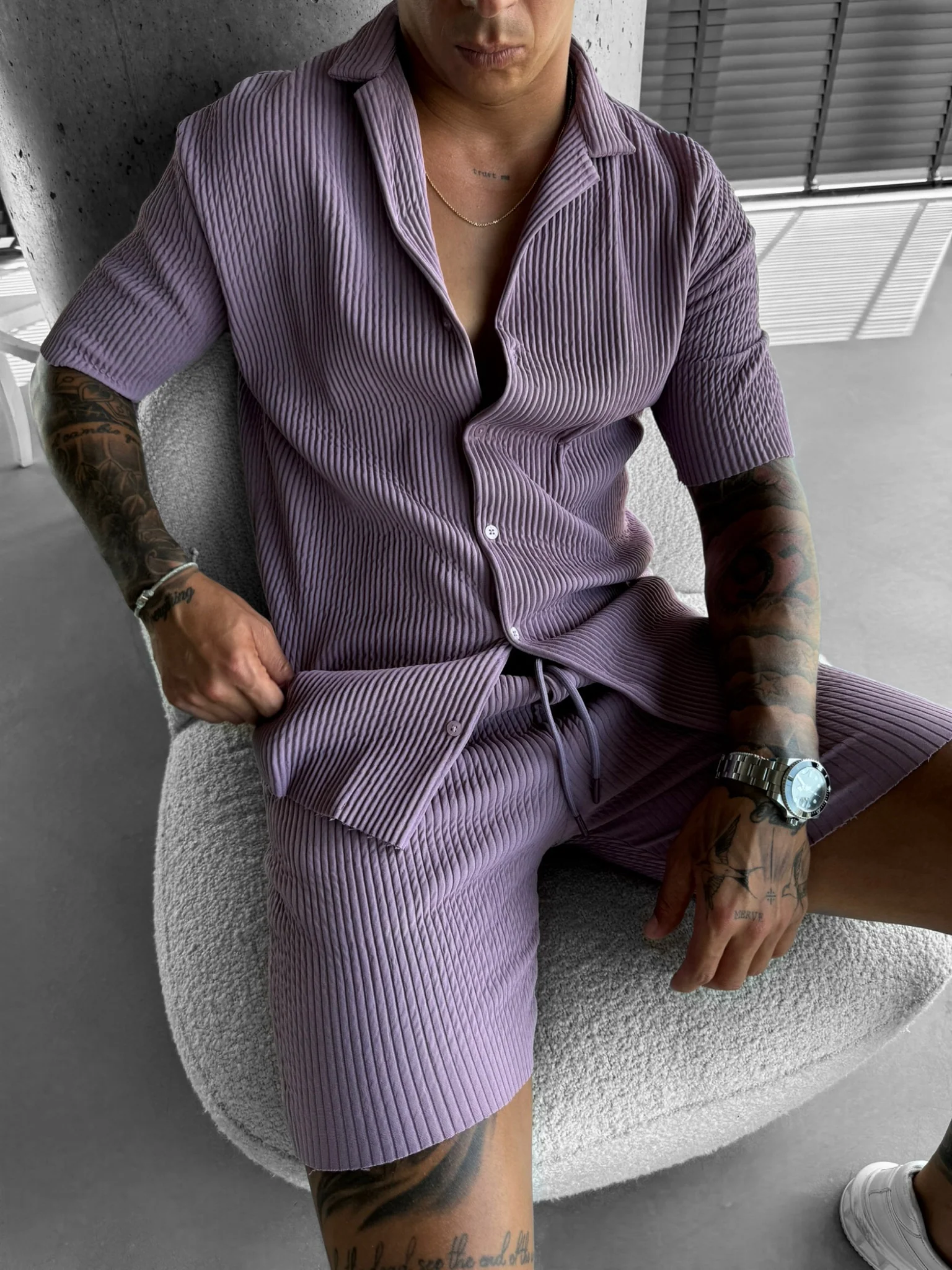 Loose Fit Ribbed Shorts - Elderberry - Image 2