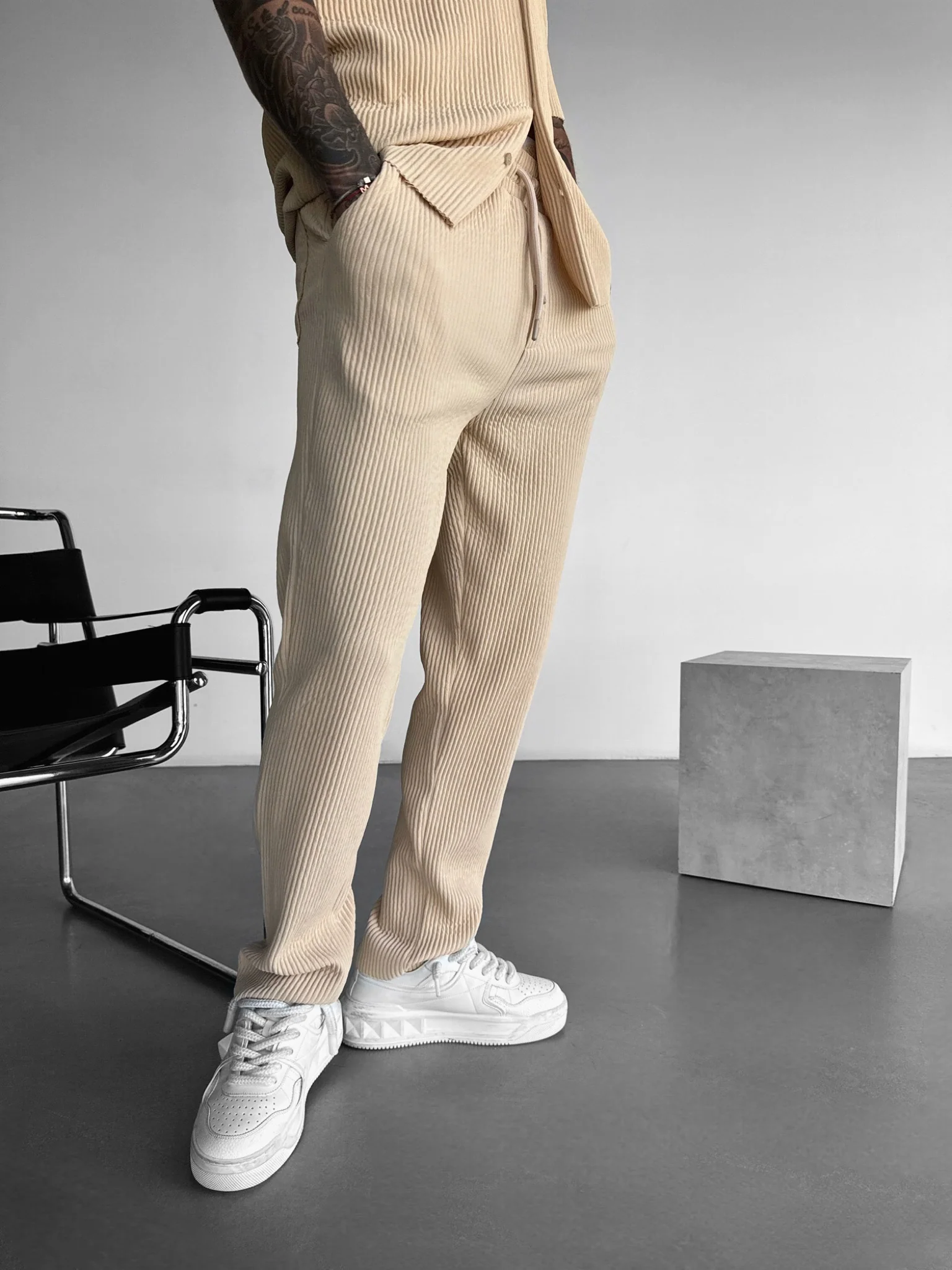 Loose Fit Ribbed Trousers - Almond Buff - Image 2