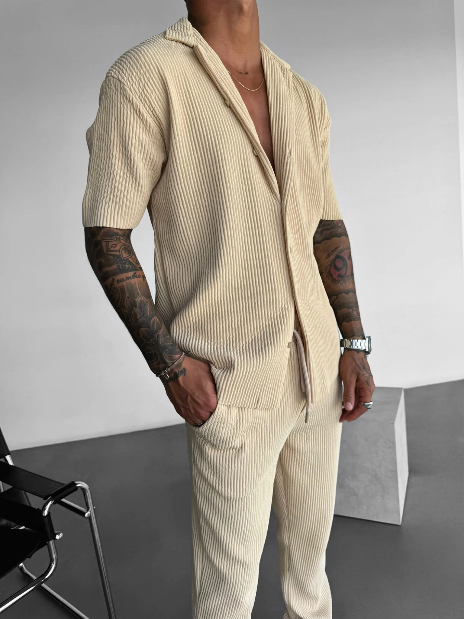 Loose Fit Ribbed Trousers - Almond Buff - Image 3