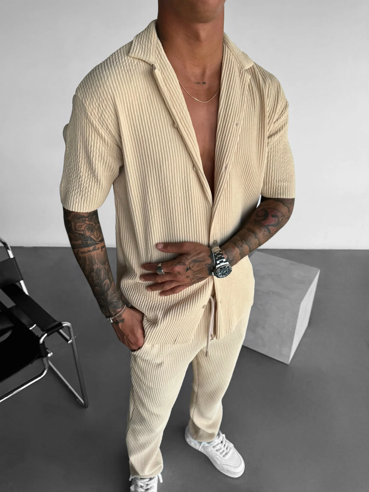 Loose Fit Ribbed Trousers - Almond Buff - Image 4