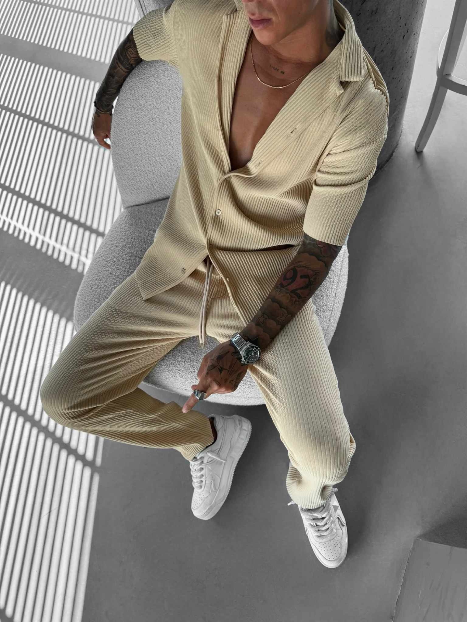 Loose Fit Ribbed Trousers - Almond Buff - Image 5