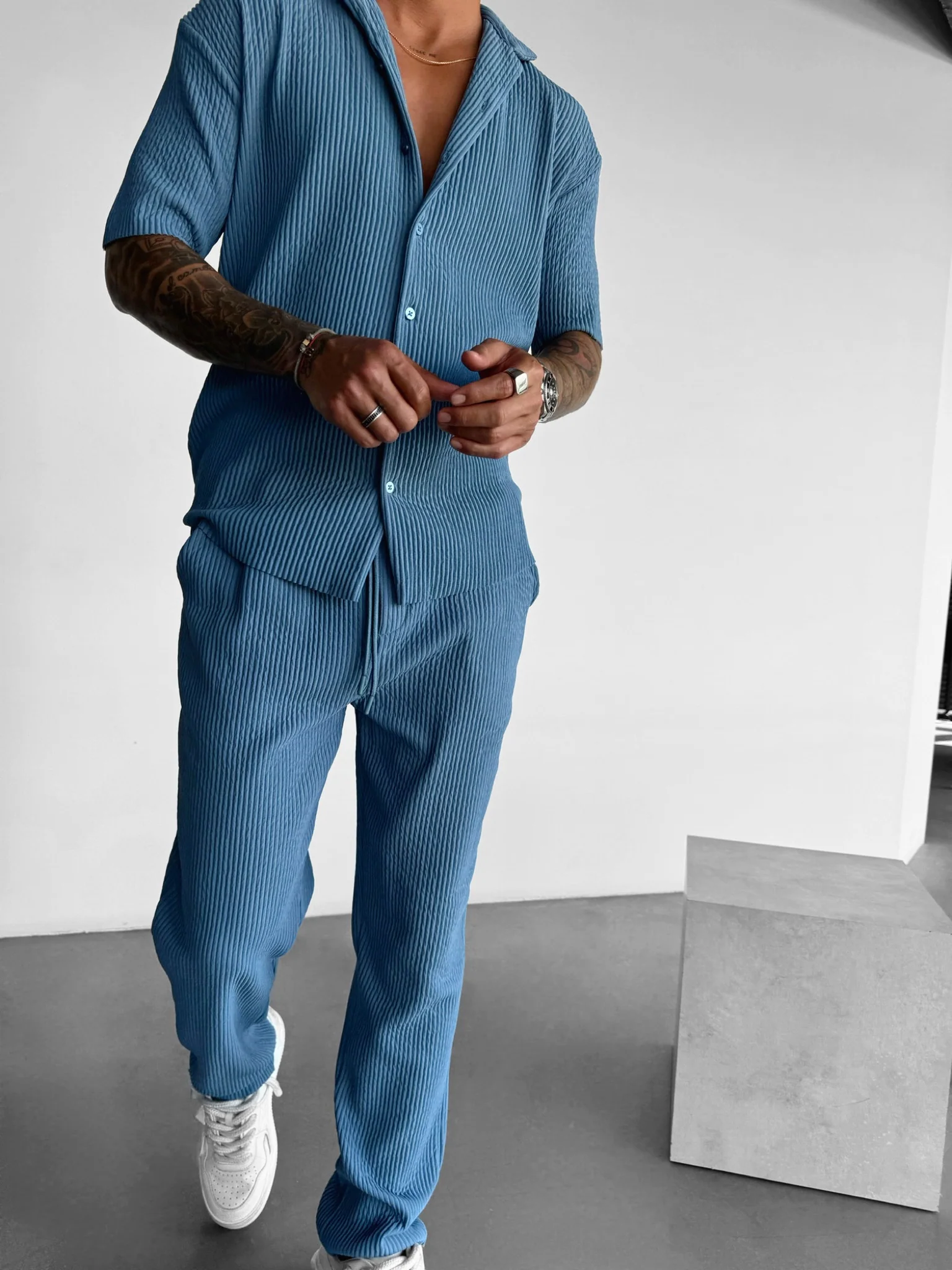 Loose Fit Ribbed Trousers - Coronet Blue - Image 2