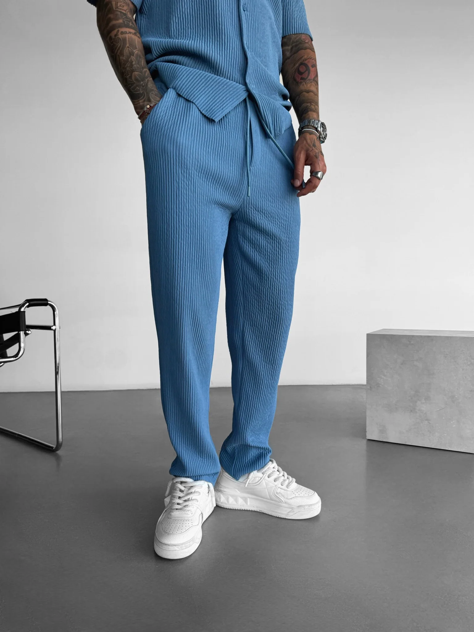 Loose Fit Ribbed Trousers - Coronet Blue - Image 3