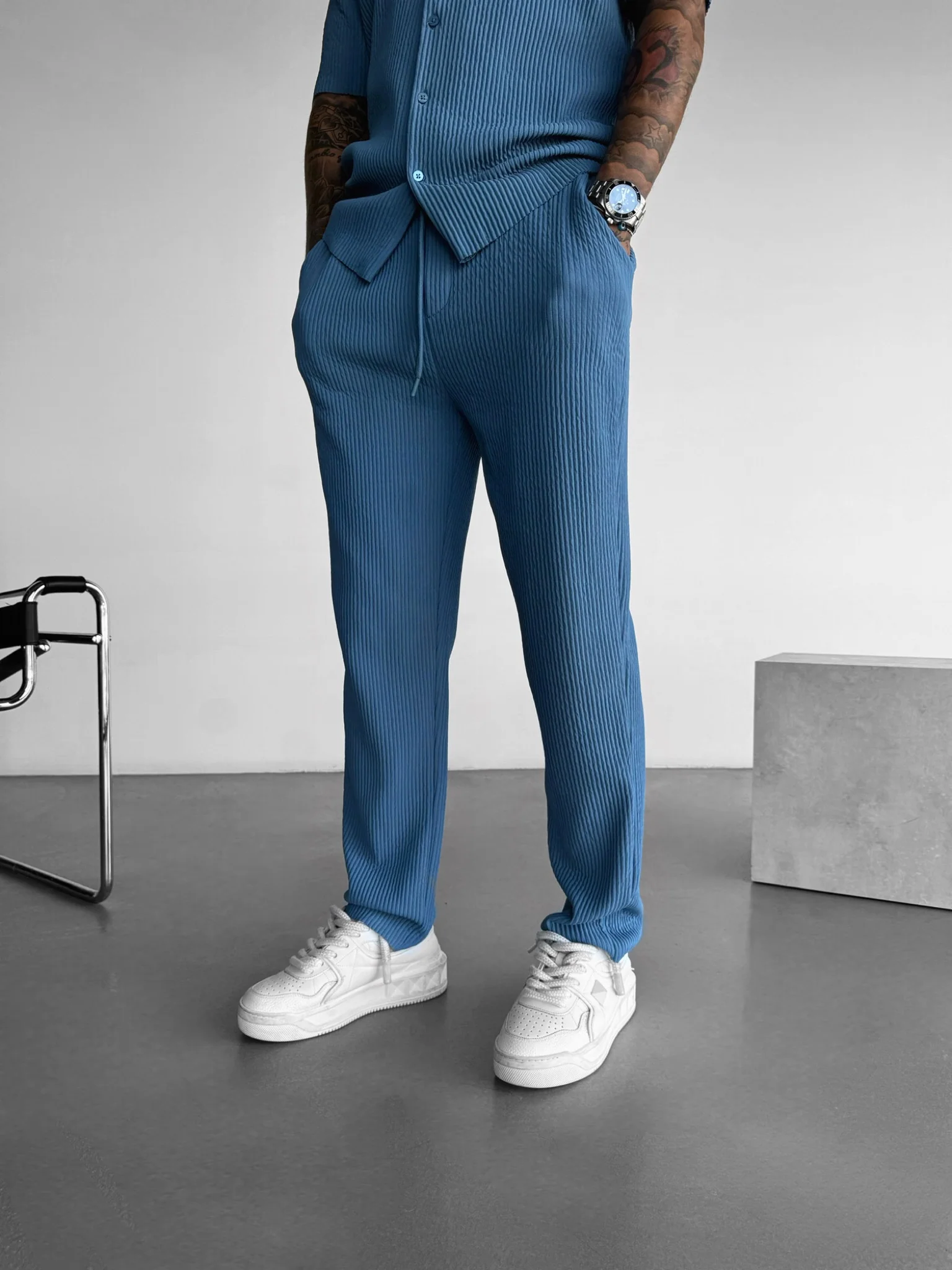 Loose Fit Ribbed Trousers - Coronet Blue - Image 4