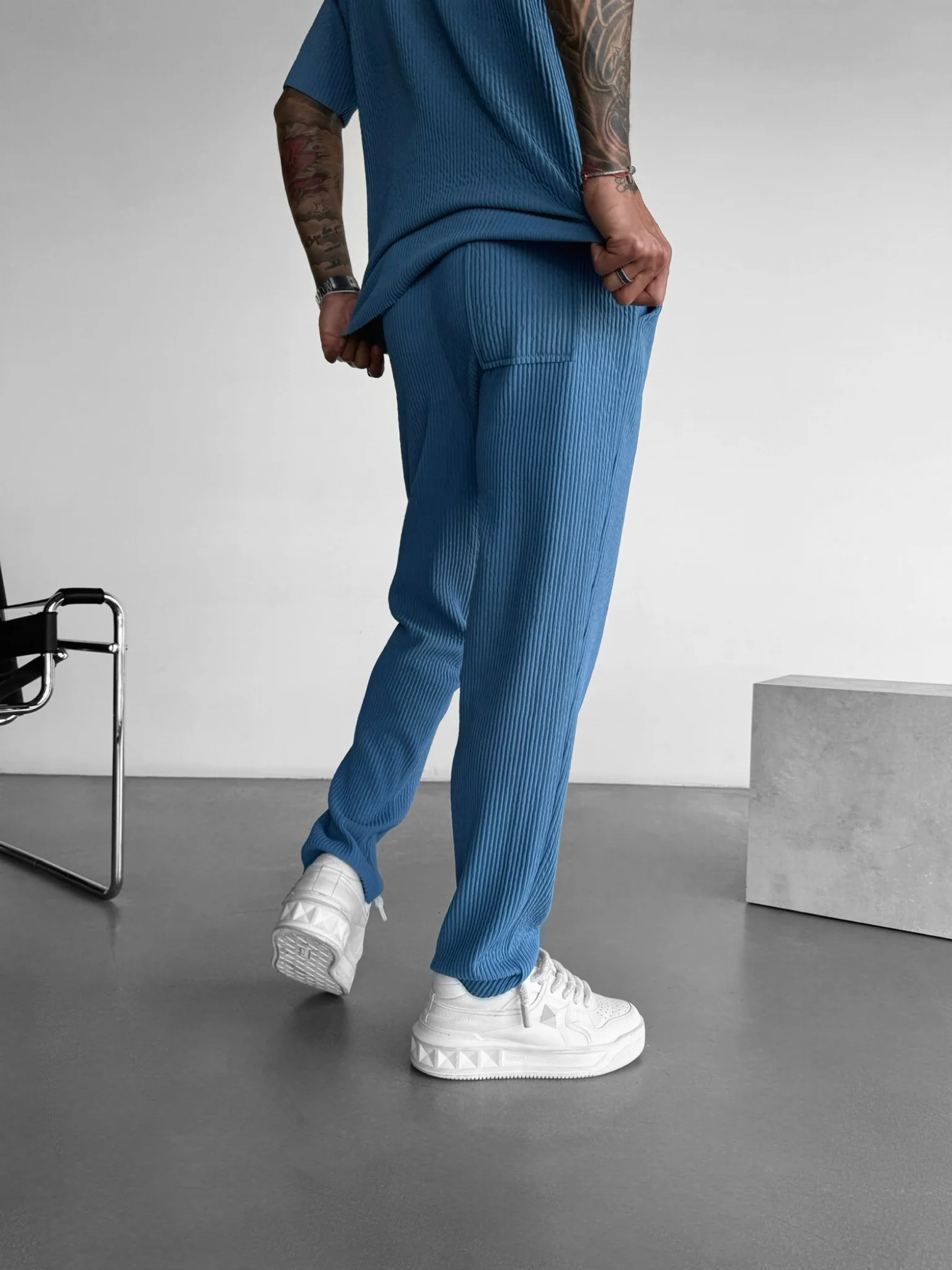 Loose Fit Ribbed Trousers - Coronet Blue - Image 5