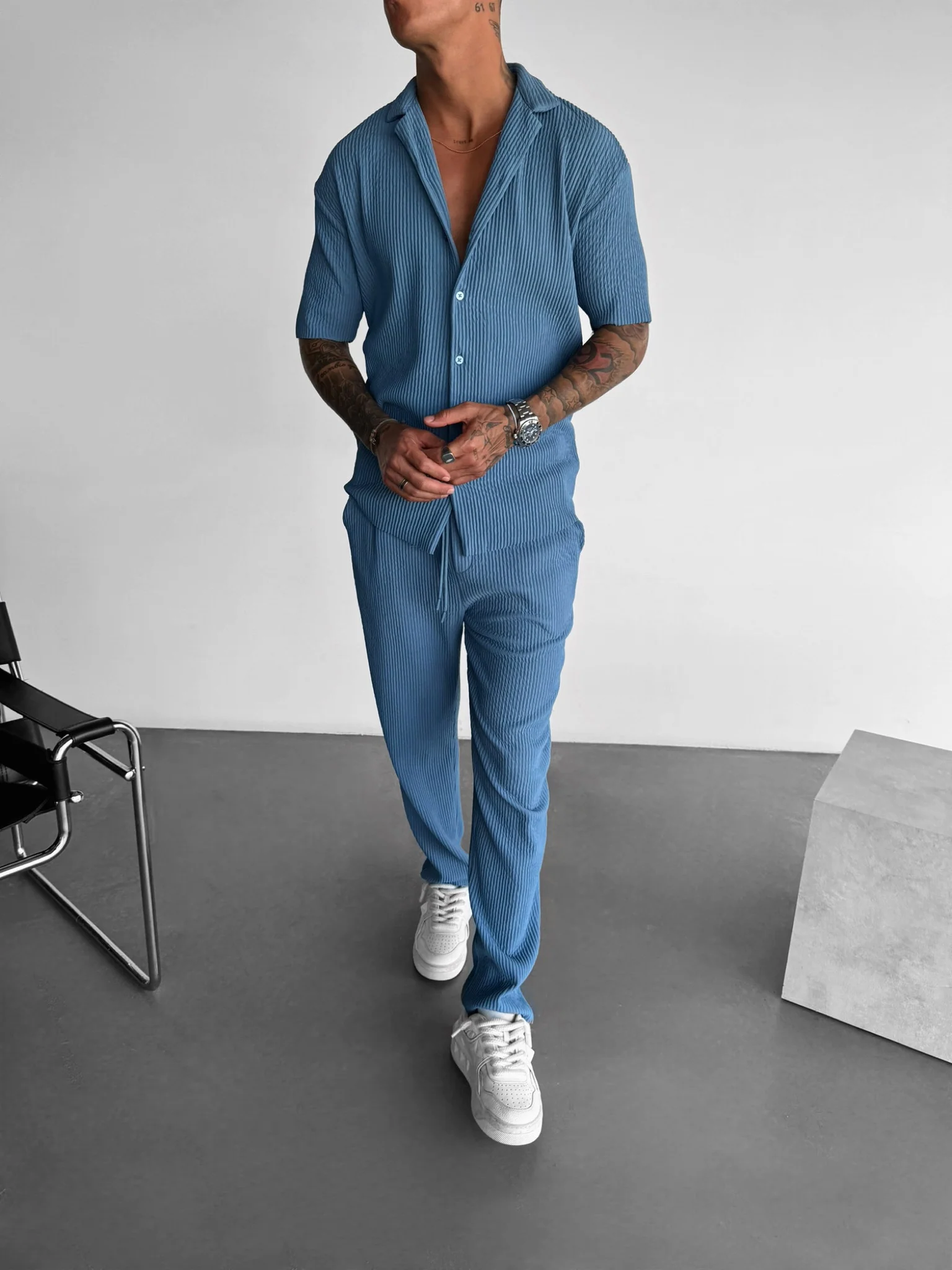 Loose Fit Ribbed Trousers - Coronet Blue - Image 6