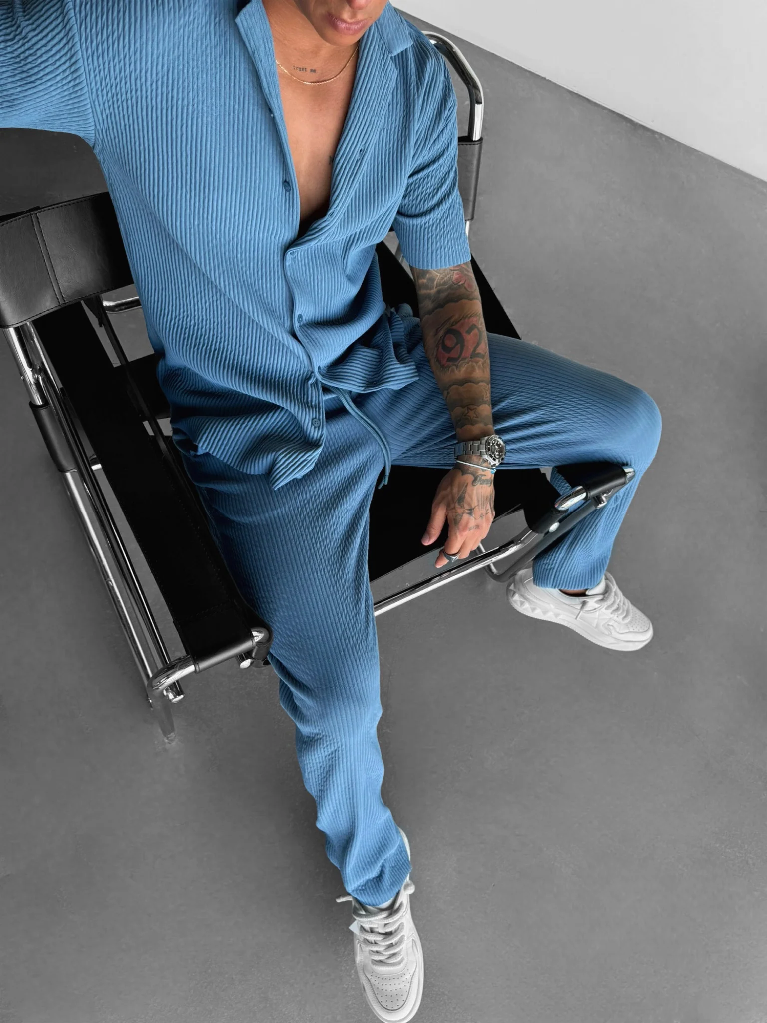 Loose Fit Ribbed Trousers - Coronet Blue - Image 7