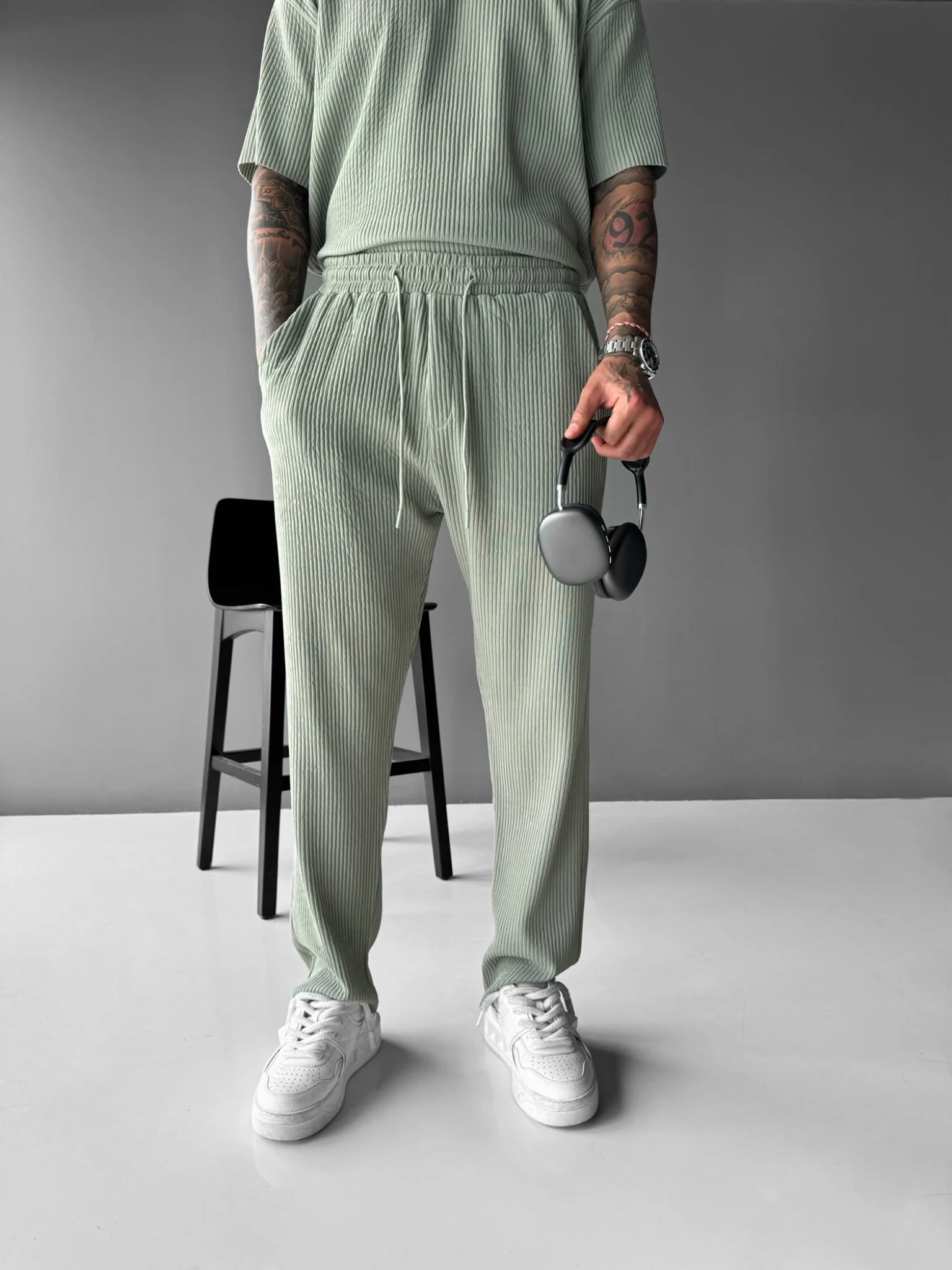 Loose Fit Ribbed Trousers - Green