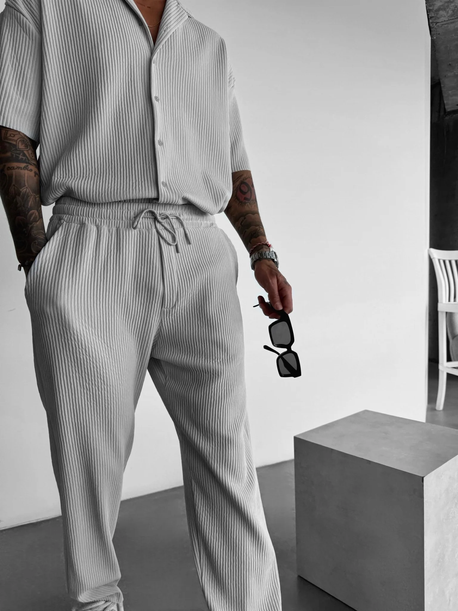 Loose Fit Ribbed Trousers - Grey - Image 2