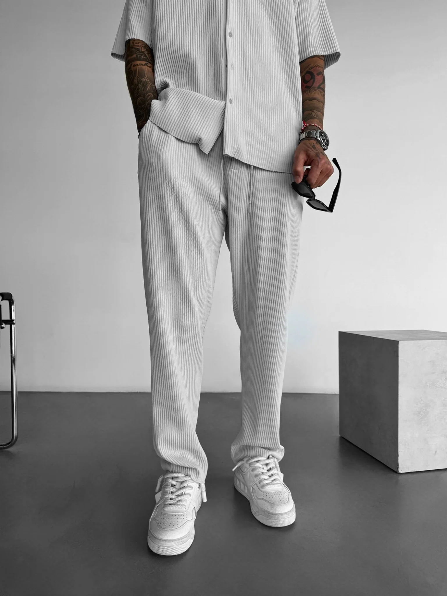 Loose Fit Ribbed Trousers - Grey - Image 3
