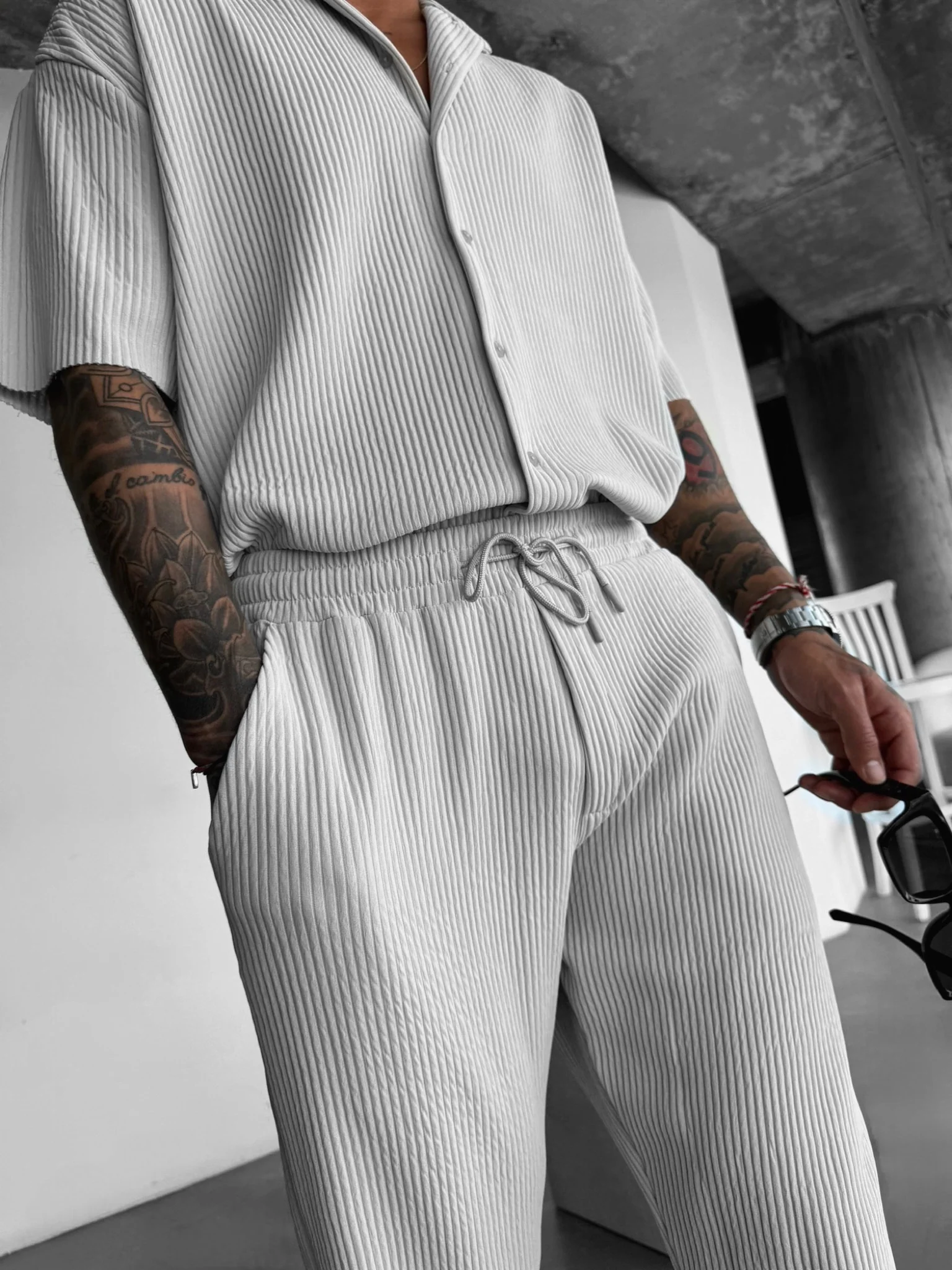 Loose Fit Ribbed Trousers - Grey - Image 5