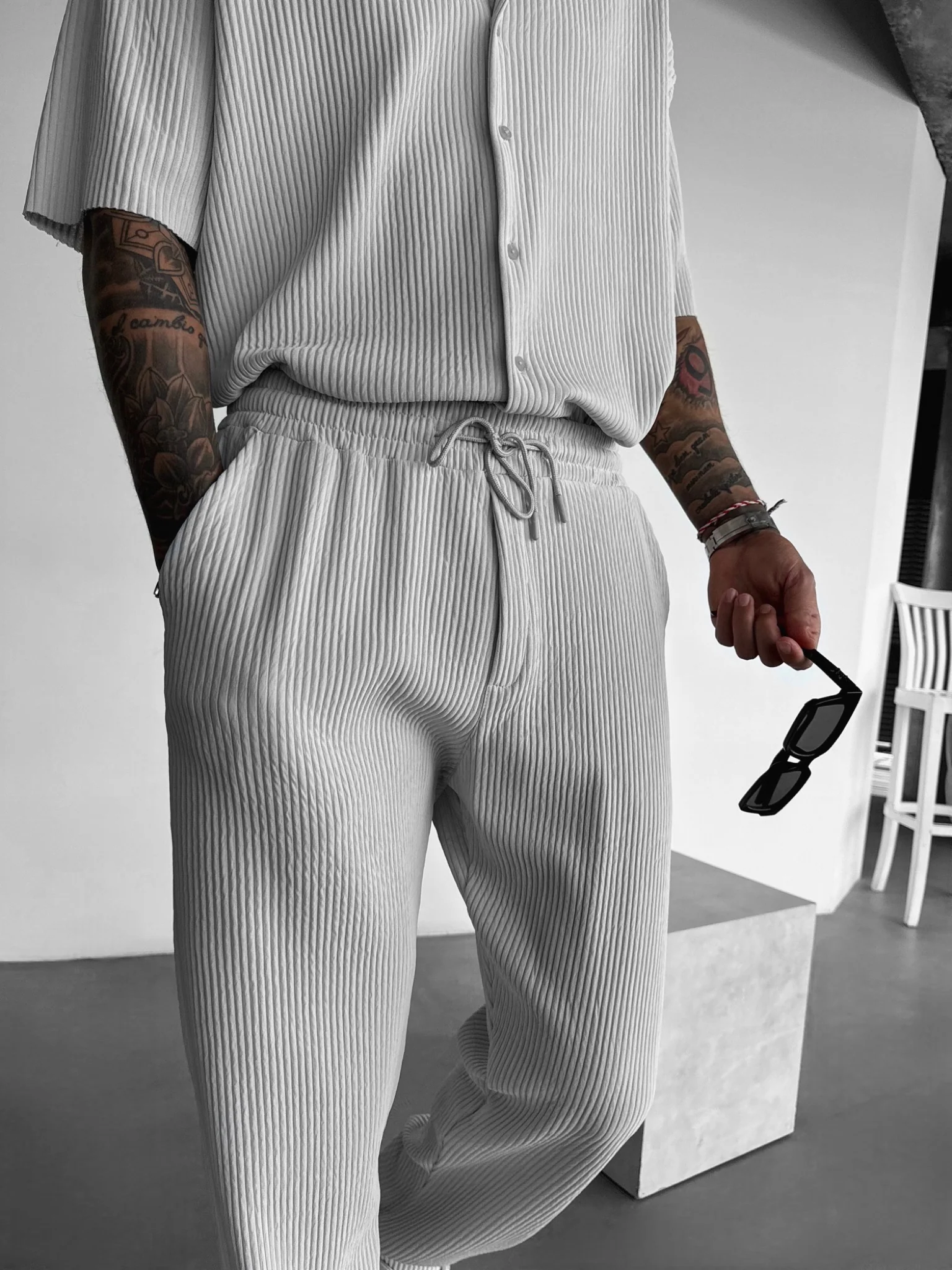 Loose Fit Ribbed Trousers - Grey - Image 6