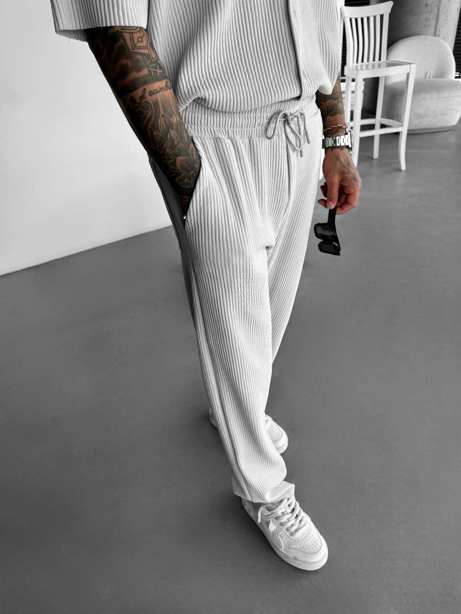 Loose Fit Ribbed Trousers - Grey - Image 7