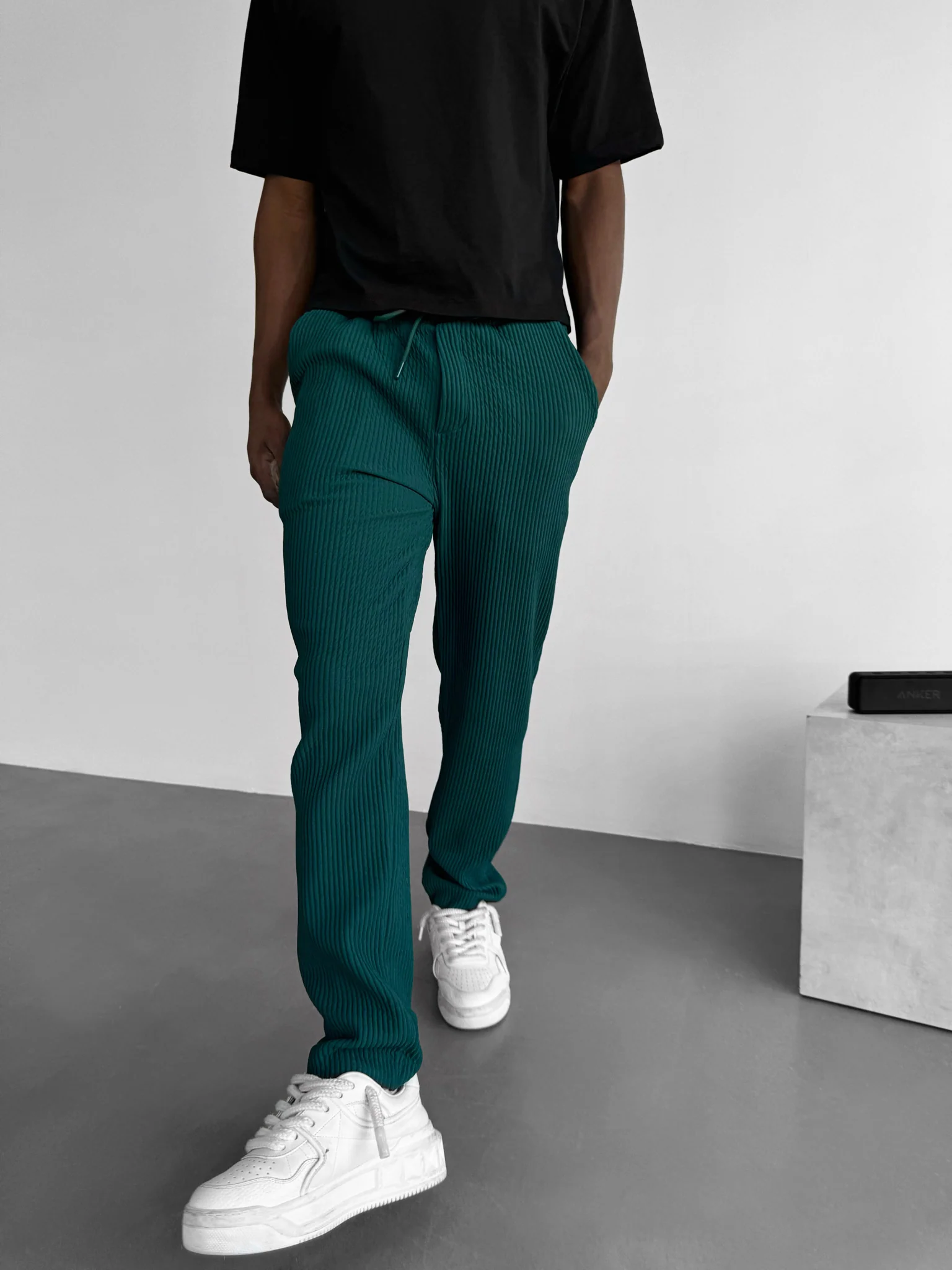 Loose Fit Ribbed Trousers - Rain Forest - Image 4