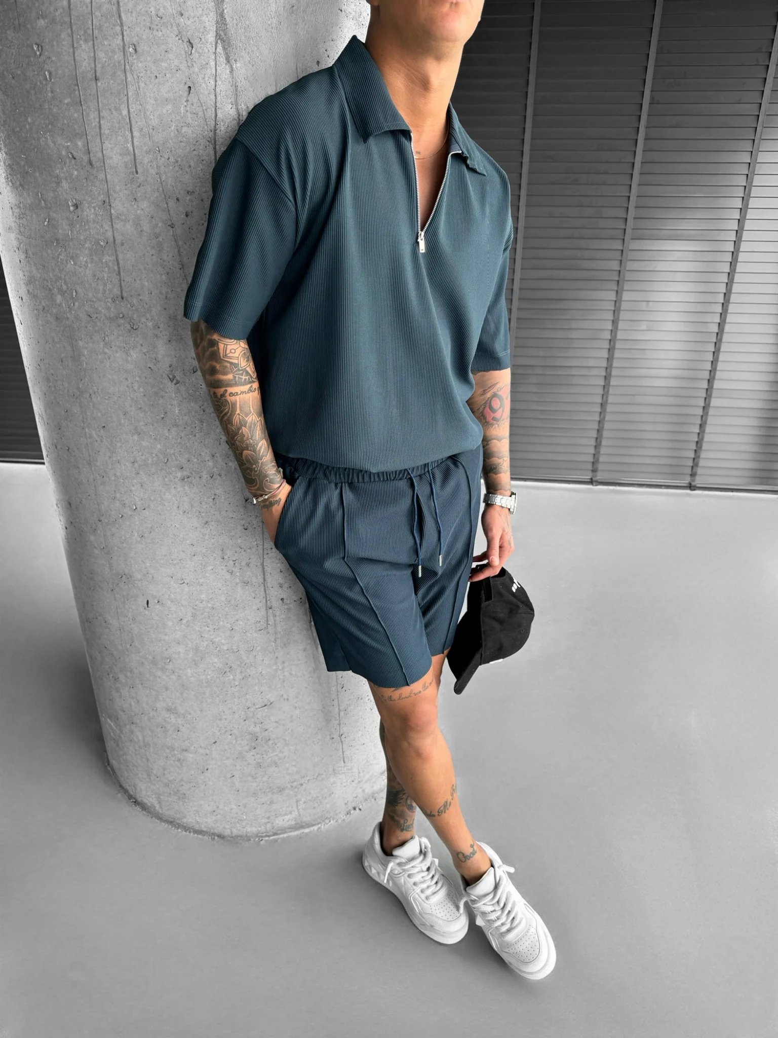 Loose Fit Seam Knit Shorts - Petrol - Image 2