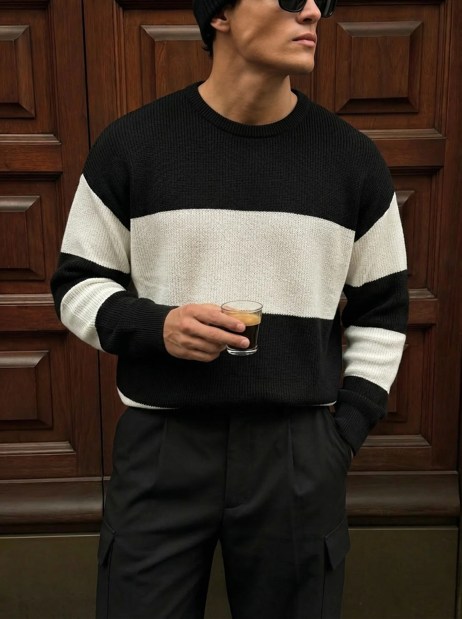 Loose Fit Strip Knit Sweater - Black - Image 2