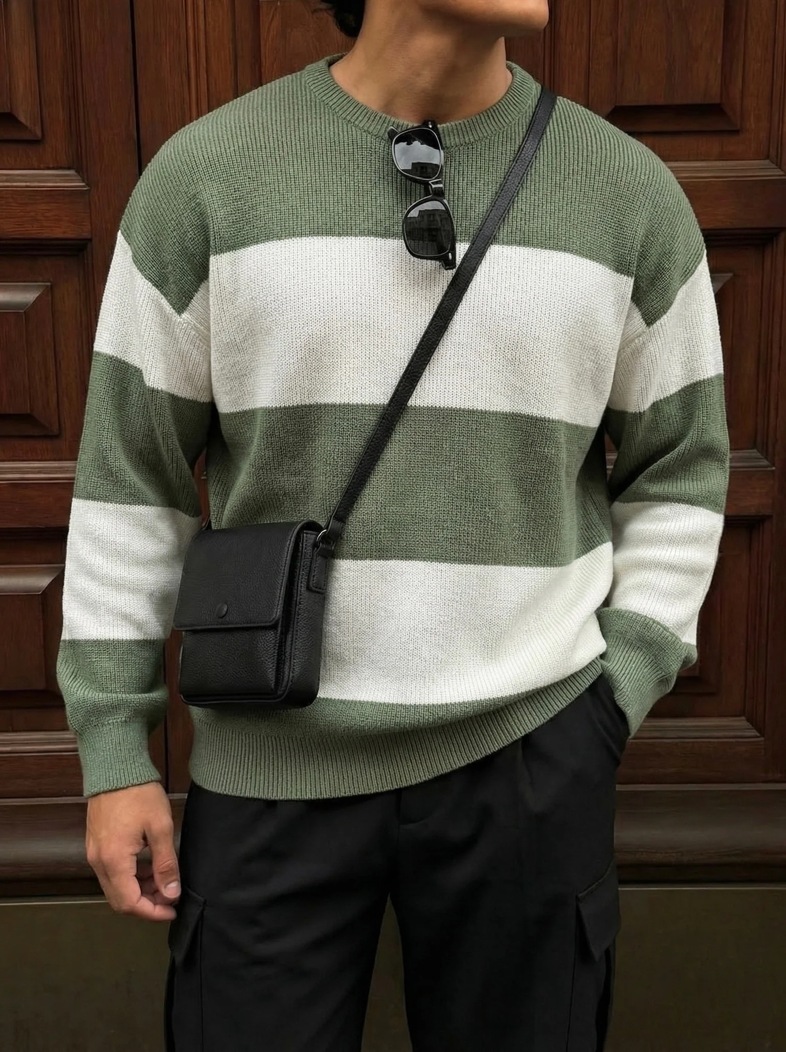Loose Fit Strip Knit Sweater - Green