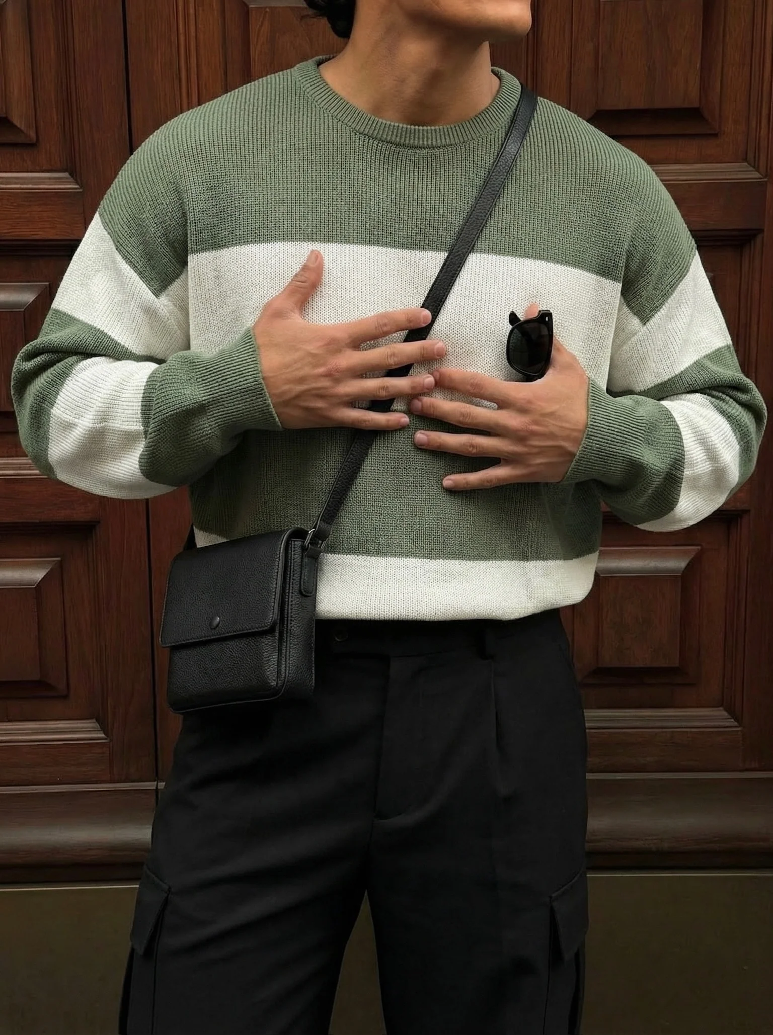 Loose Fit Strip Knit Sweater - Green - Image 2