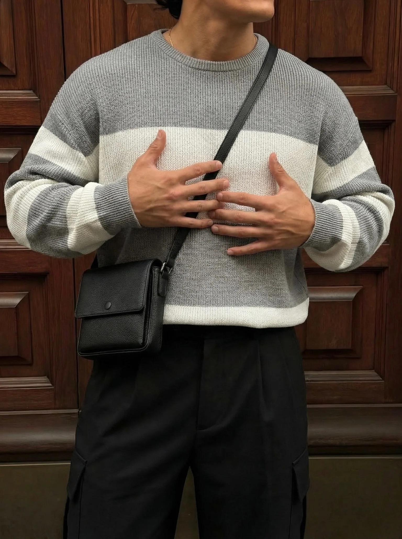 Loose Fit Strip Knit Sweater - Grey - Image 2