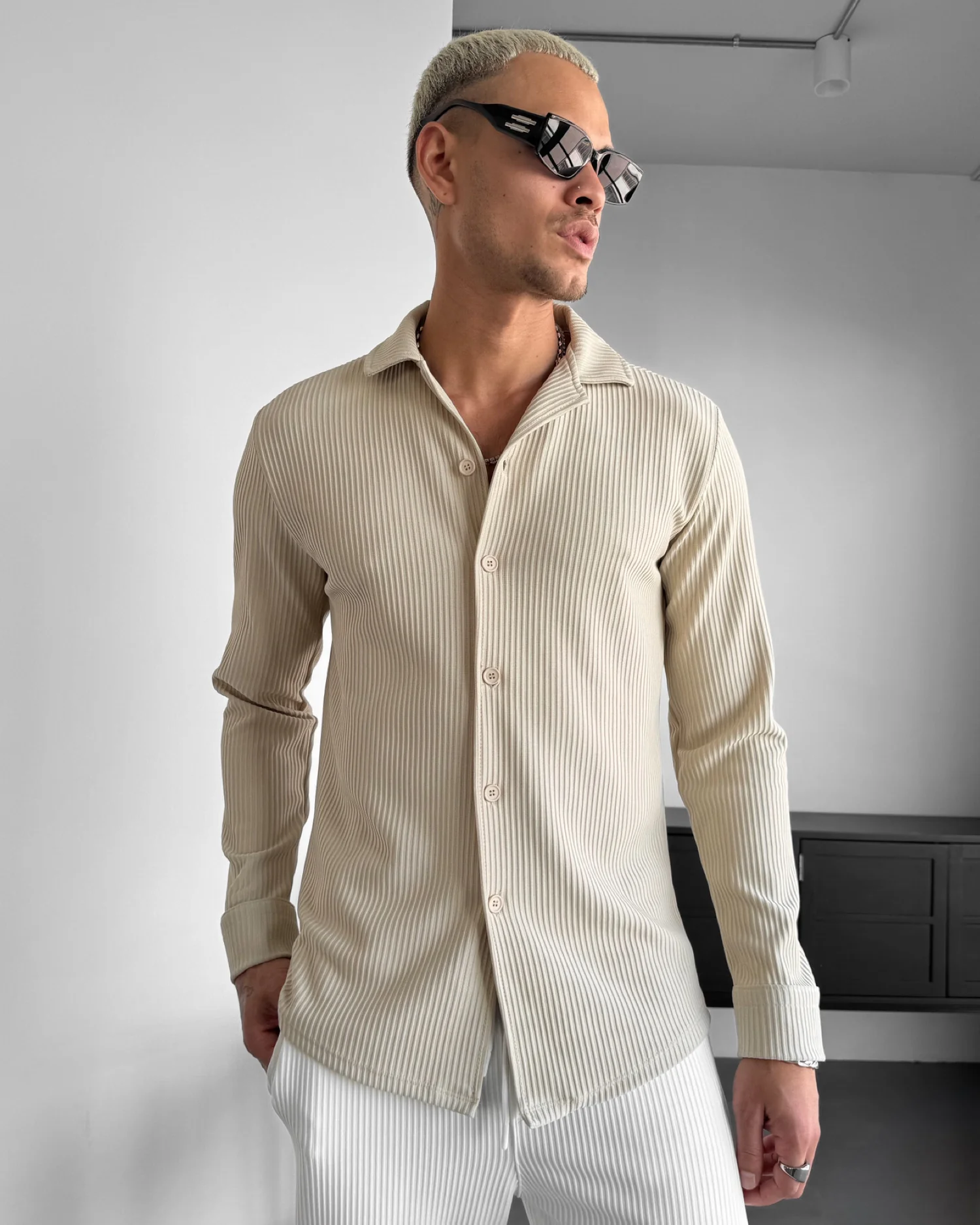 Loose Fit Striped Shirt - Beige - Image 2