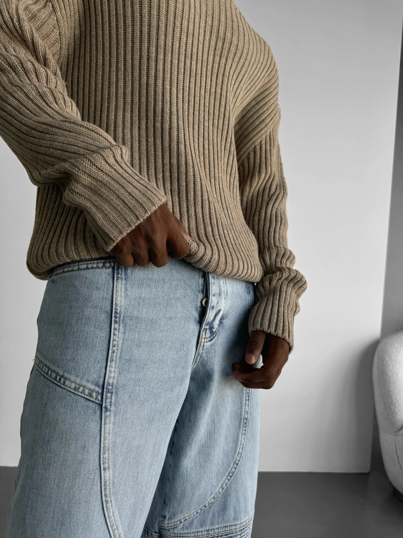 Loose Fit Striped Structure Pullover - Beige - Image 2