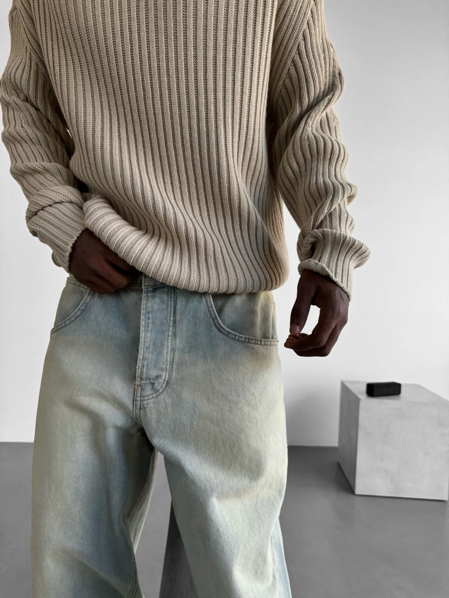 Loose Fit Striped Structure Pullover - Stone - Image 2