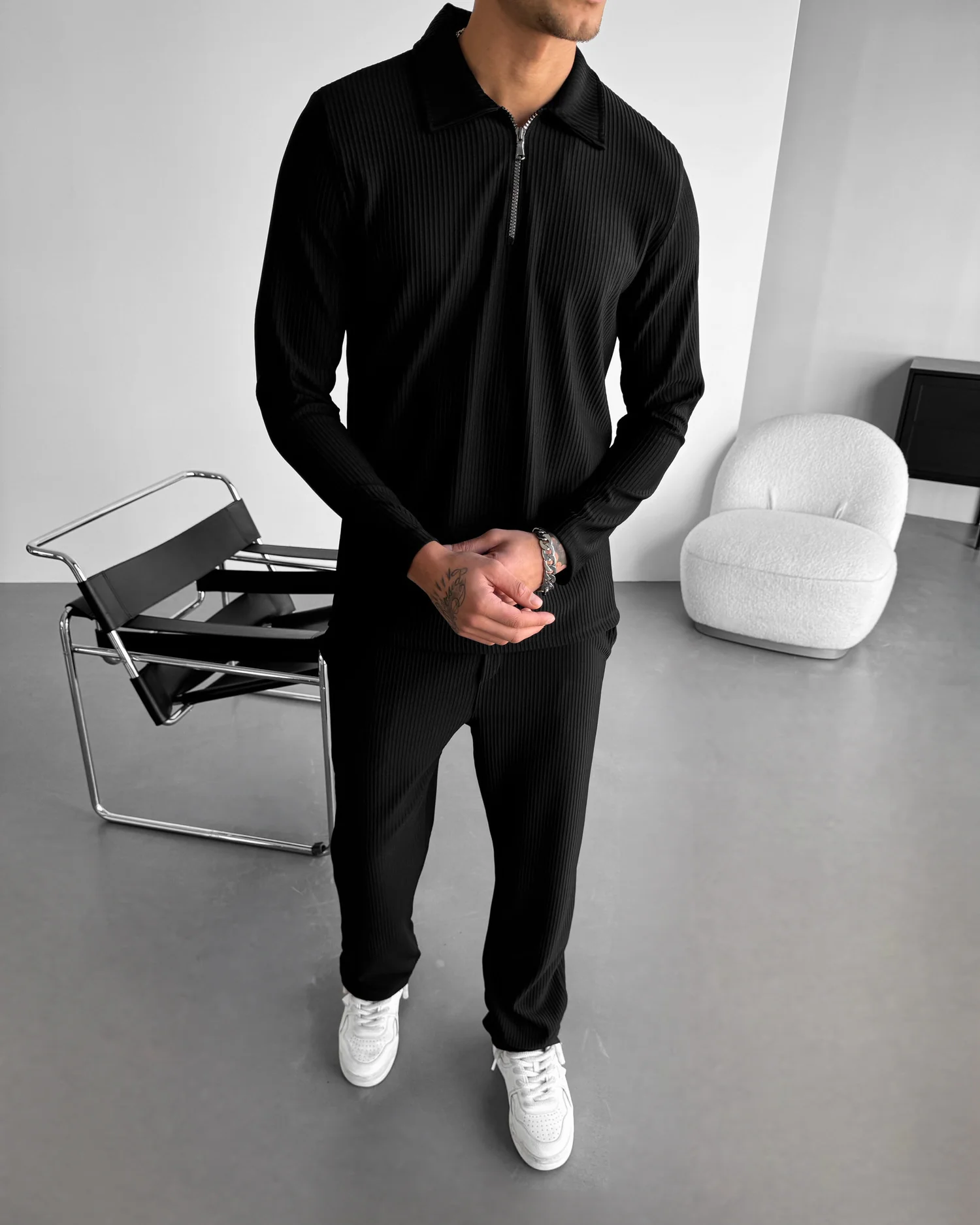 Loose Fit Striped Trousers - Black - Image 2