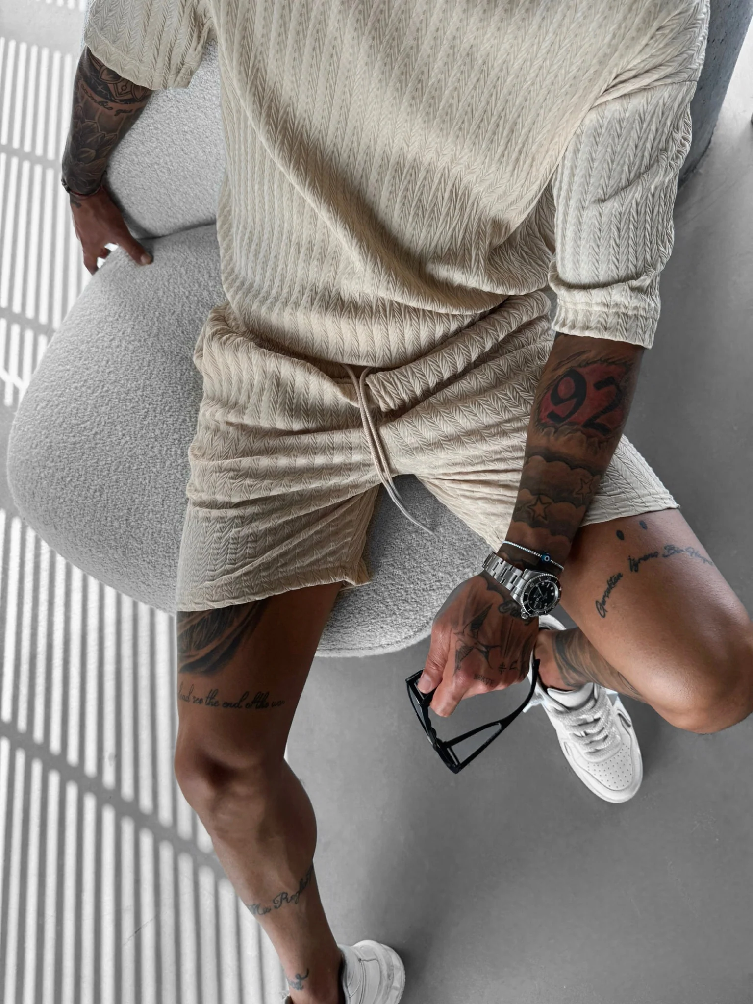 Loose Fit Structured Shorts - Beige - Image 2