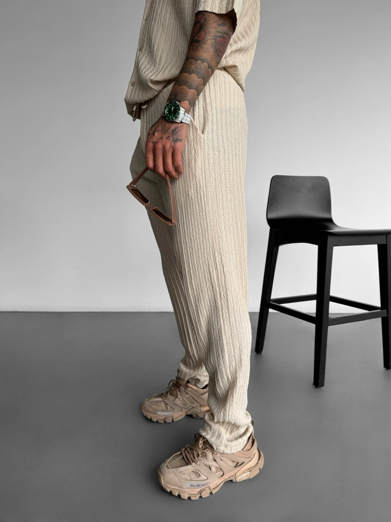 Loose Fit Structured Trousers - Beige - Image 3