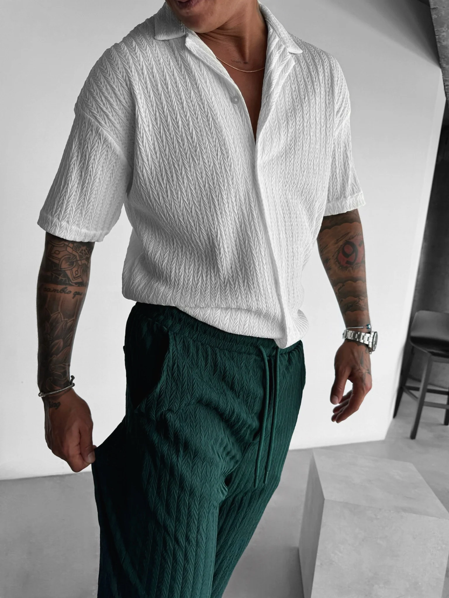 Loose Fit Structured Trousers - Rain Forest - Image 3