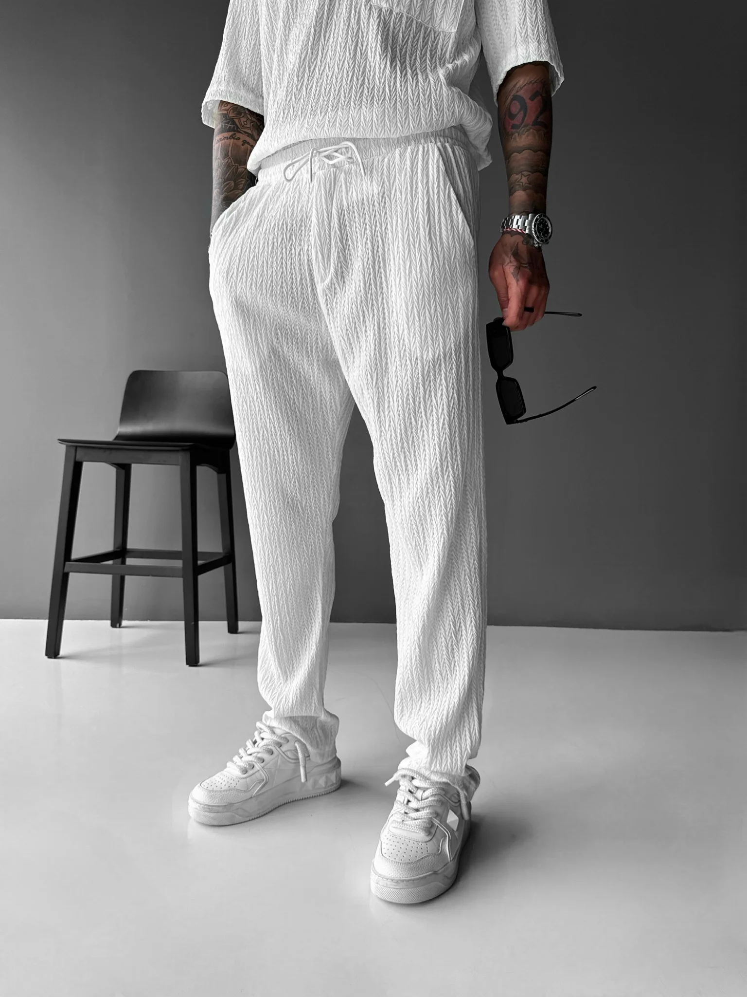 Loose Fit Structured Trousers - Ecru - Image 3