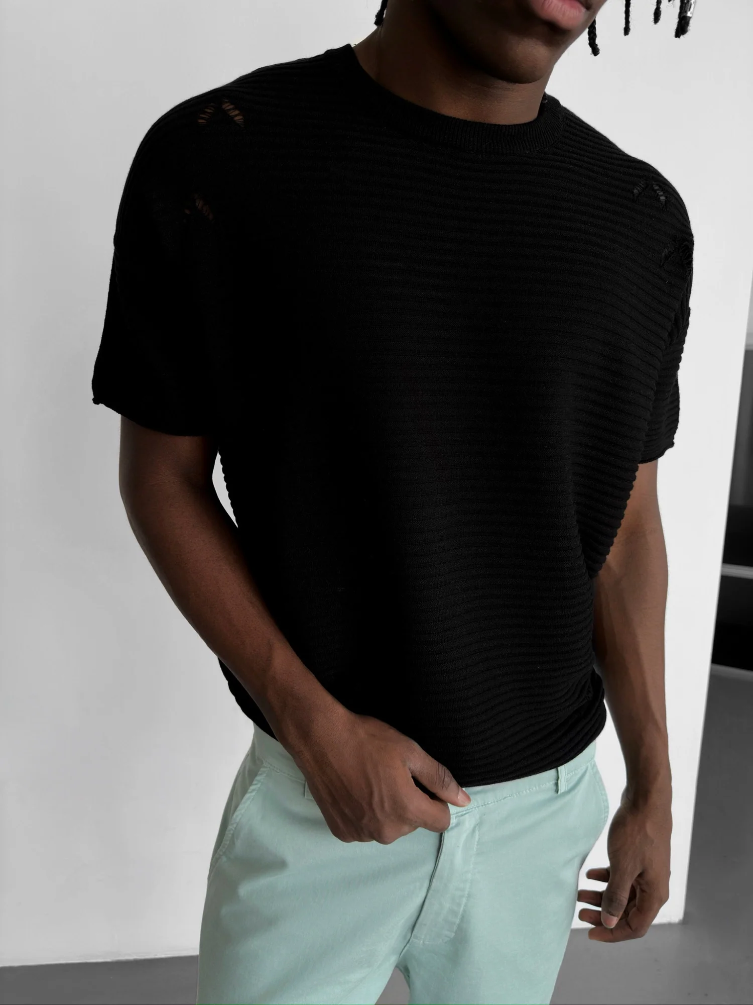 Loose Fit Torn Ribbed Knit T-Shirt - Black - Image 2