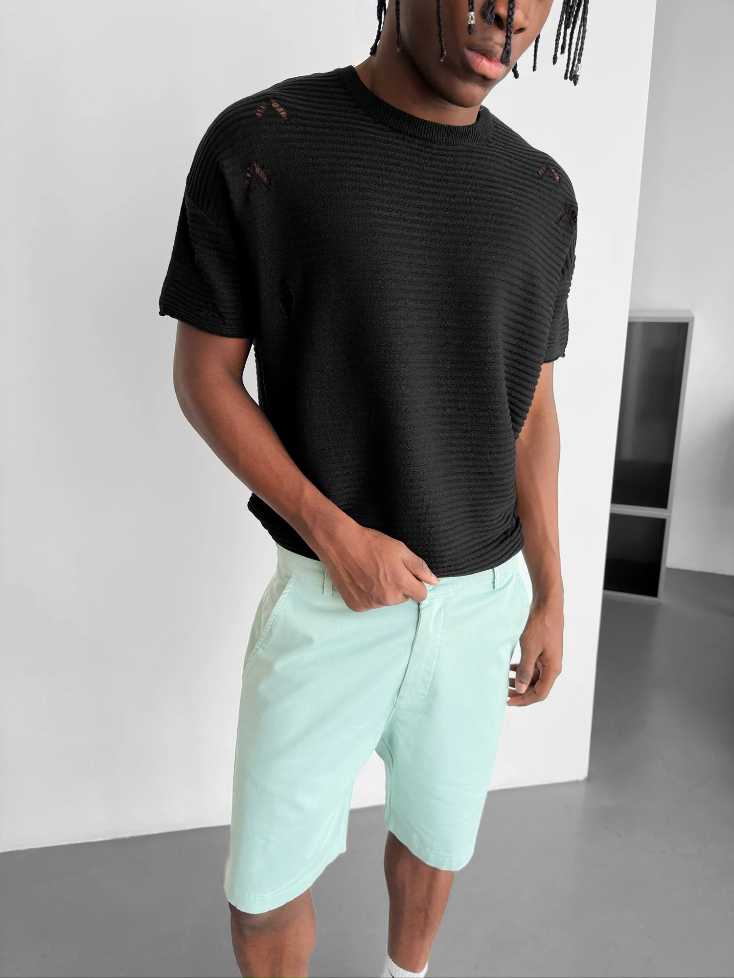 Loose Fit Torn Ribbed Knit T-Shirt - Black - Image 3