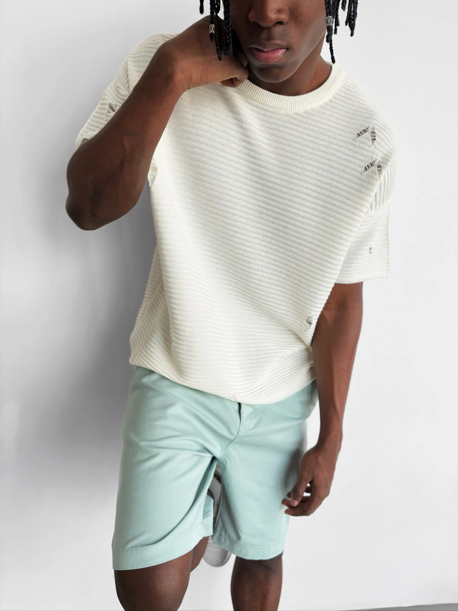 Loose Fit Torn Ribbed Knit T-Shirt - Ecru - Image 2
