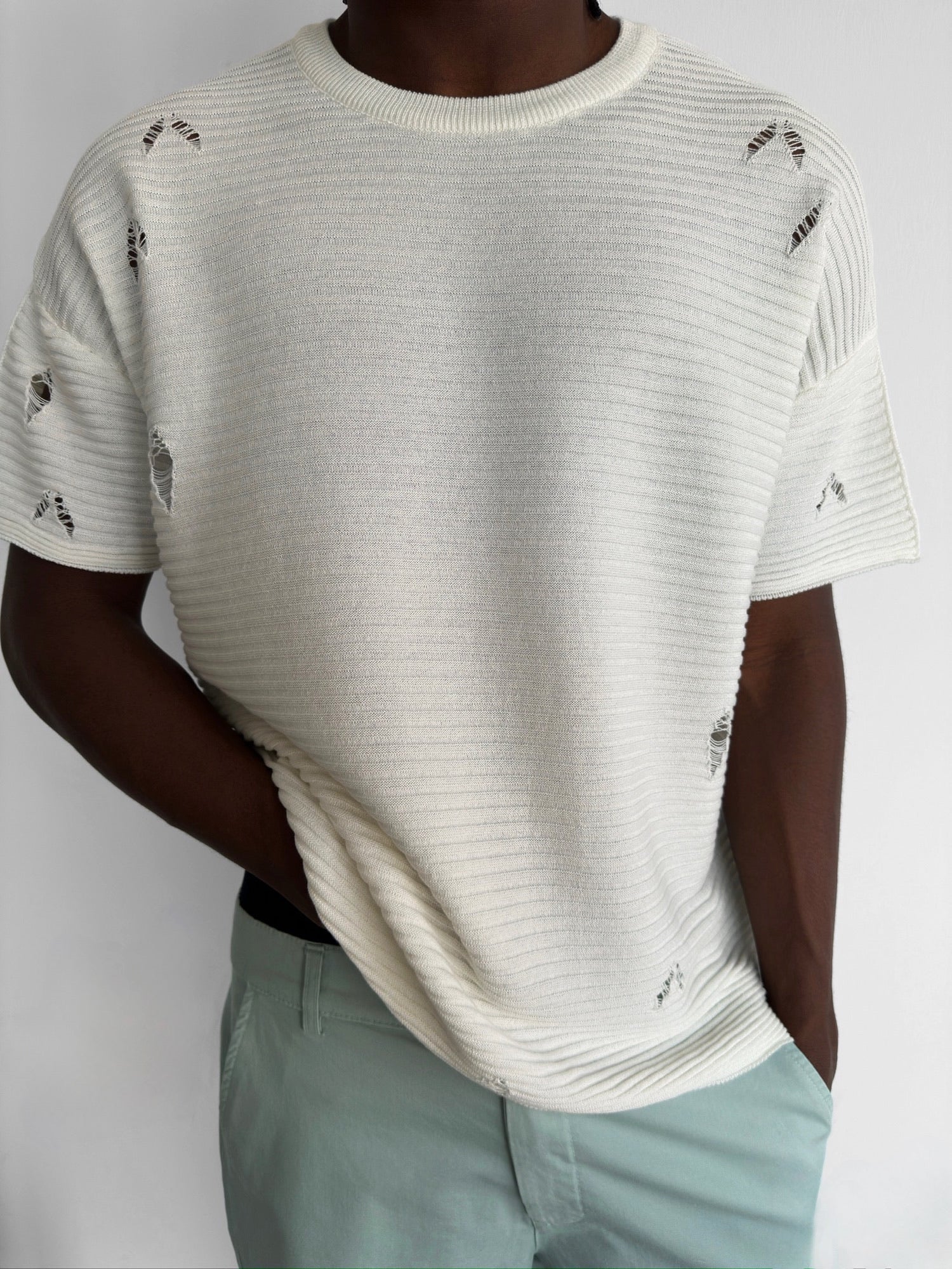 Loose Fit Torn Ribbed Knit T-Shirt - Ecru - Image 3