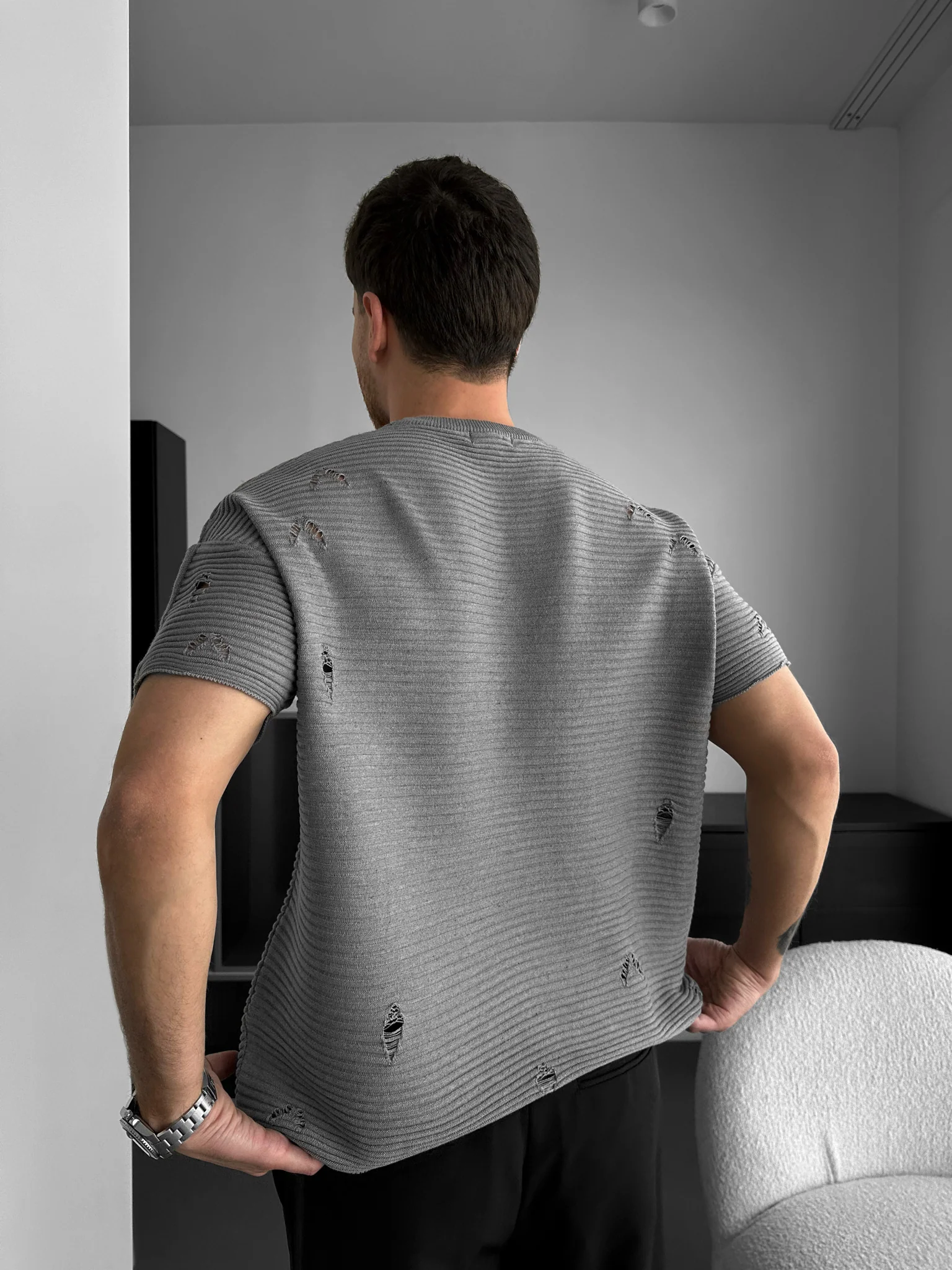 Loose Fit Torn Ribbed Knit T-Shirt - Grey Melange - Image 3