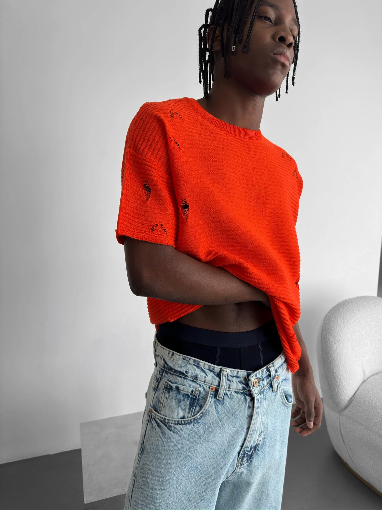 Loose Fit Torn Ribbed Knit T-Shirt -Orange - Image 2