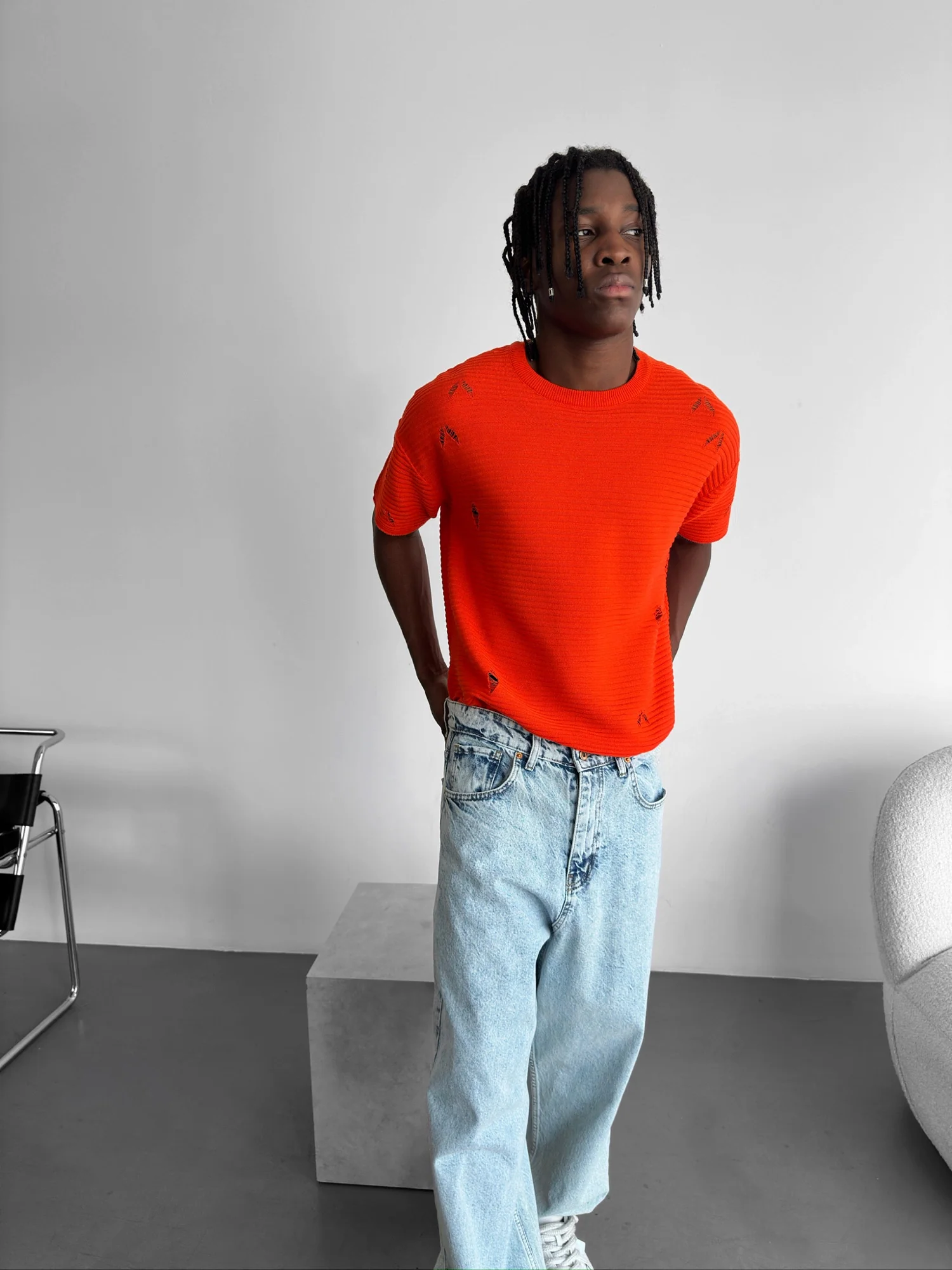 Loose Fit Torn Ribbed Knit T-Shirt -Orange - Image 3