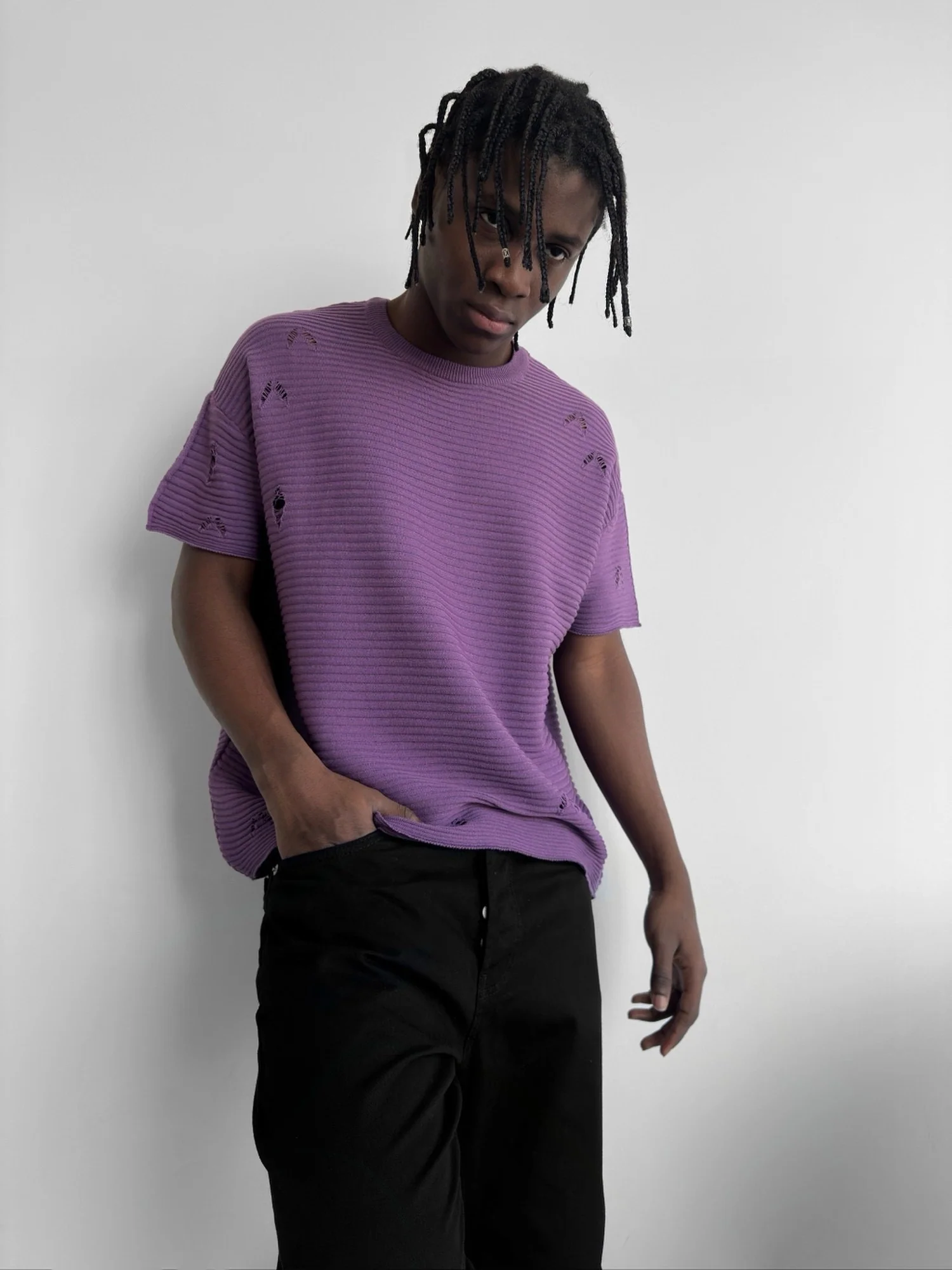 Loose Fit Torn Ribbed Knit T-Shirt - Purple - Image 3