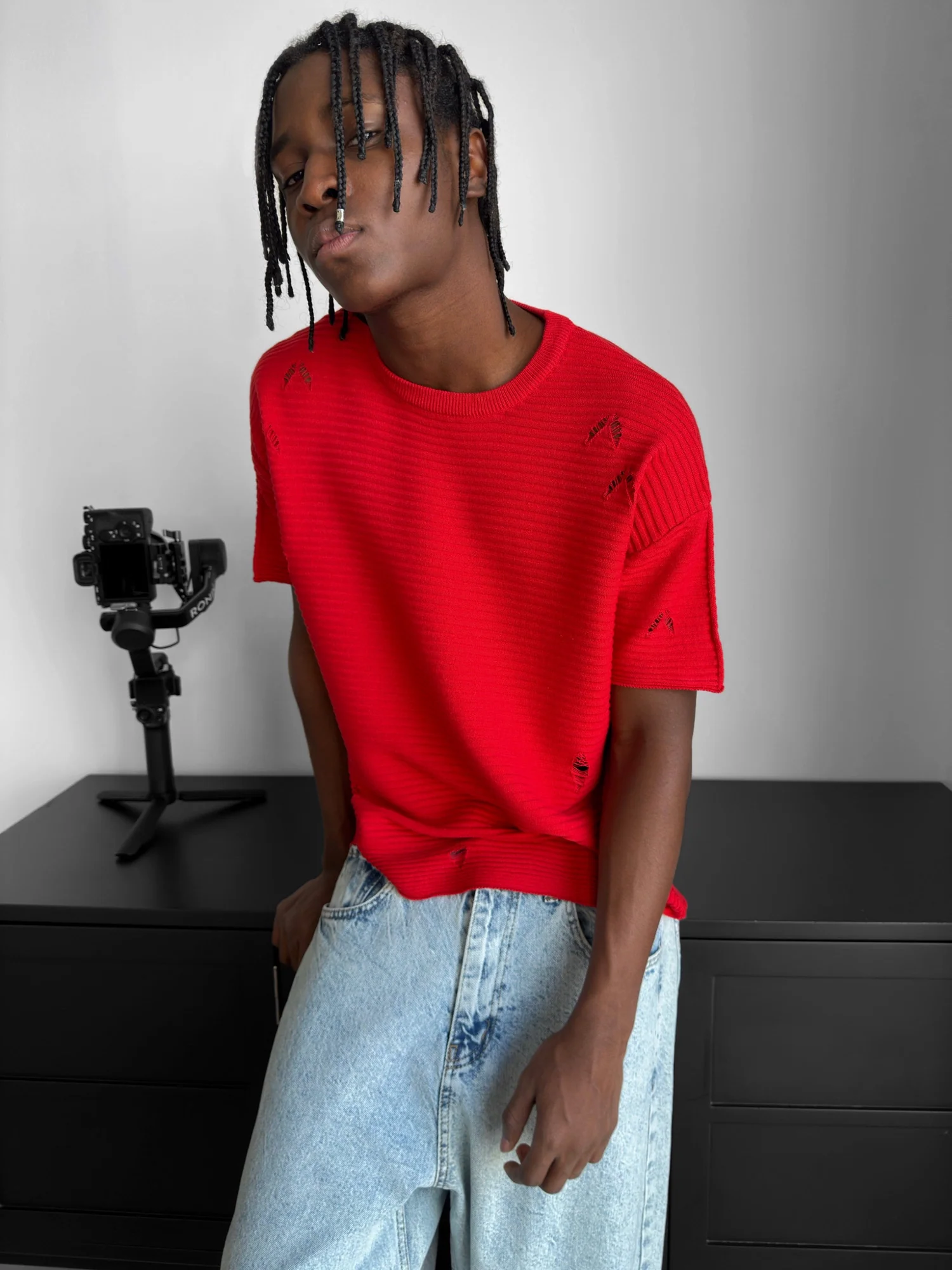 Loose Fit Torn Ribbed Knit T-Shirt - Red - Image 2
