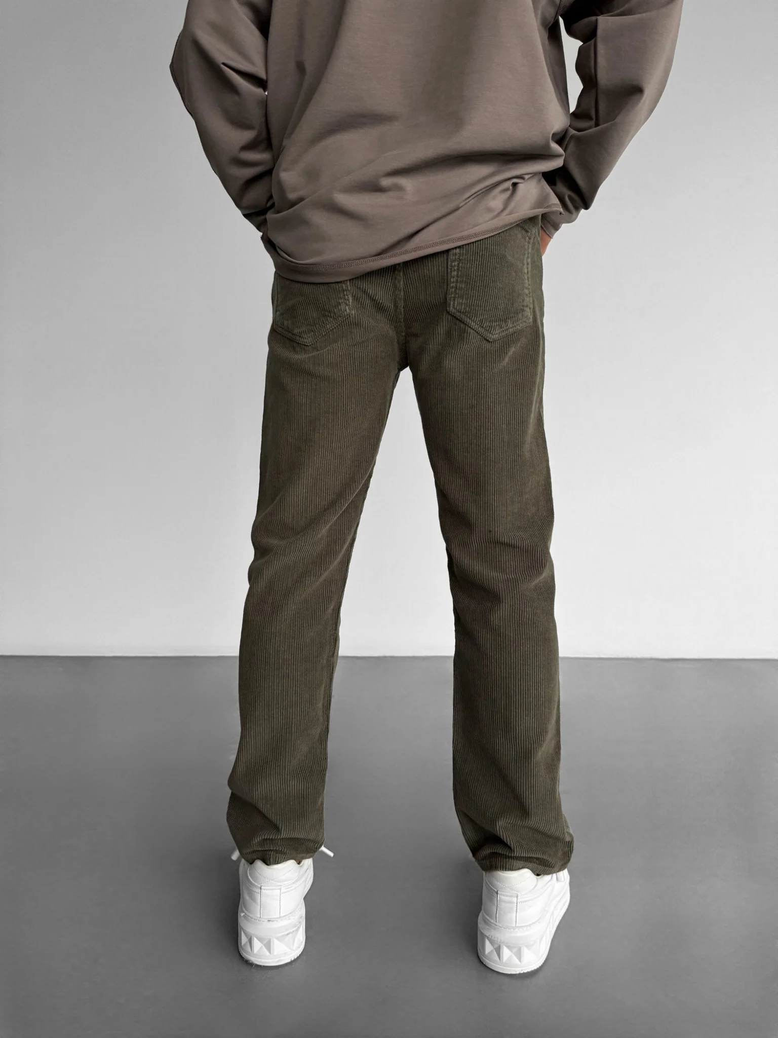 Loose Fit Velvet Cord Trousers - Khaki - Image 2