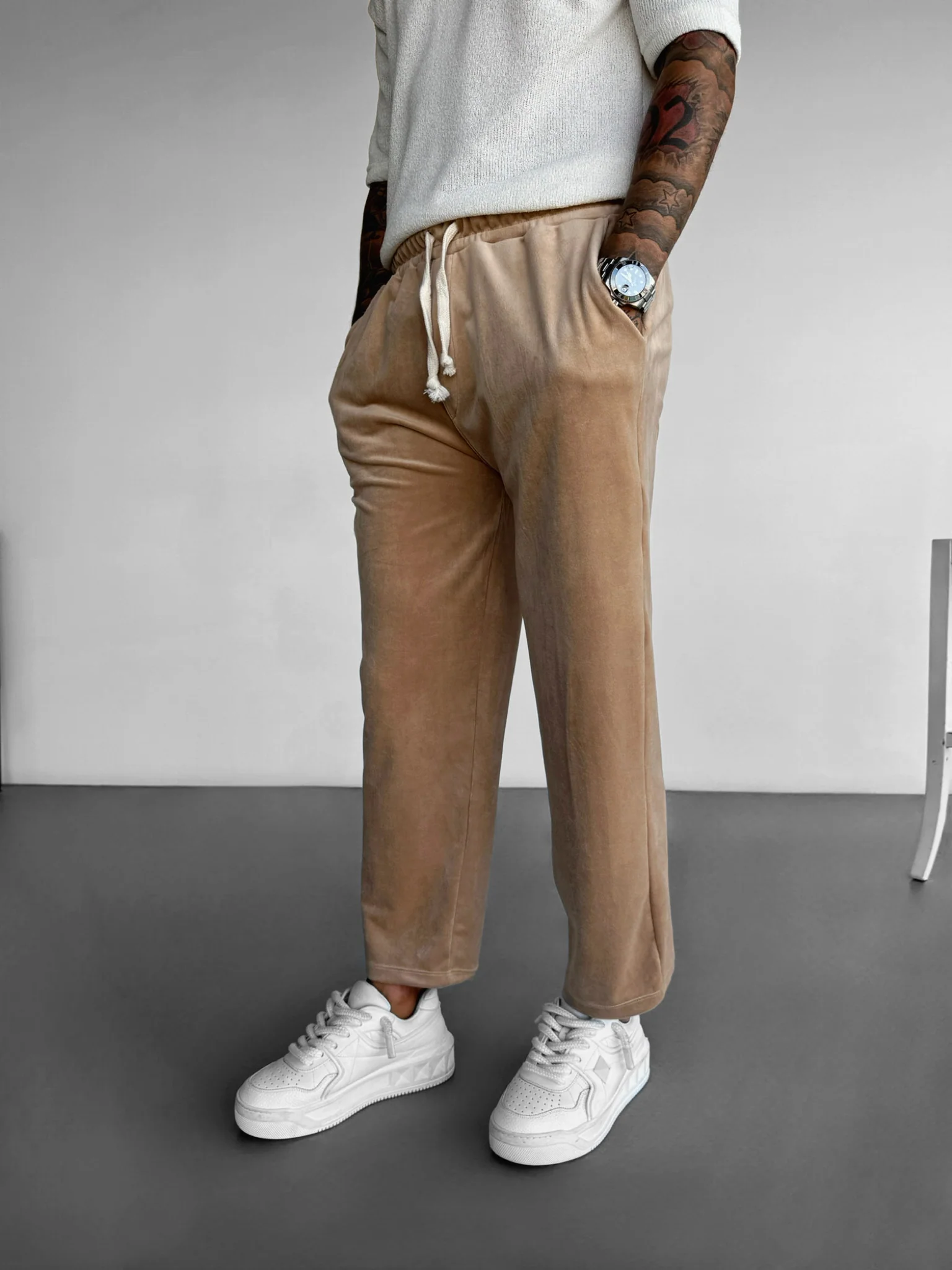 Loose Fit Velvet Trousers - Beige - Image 2