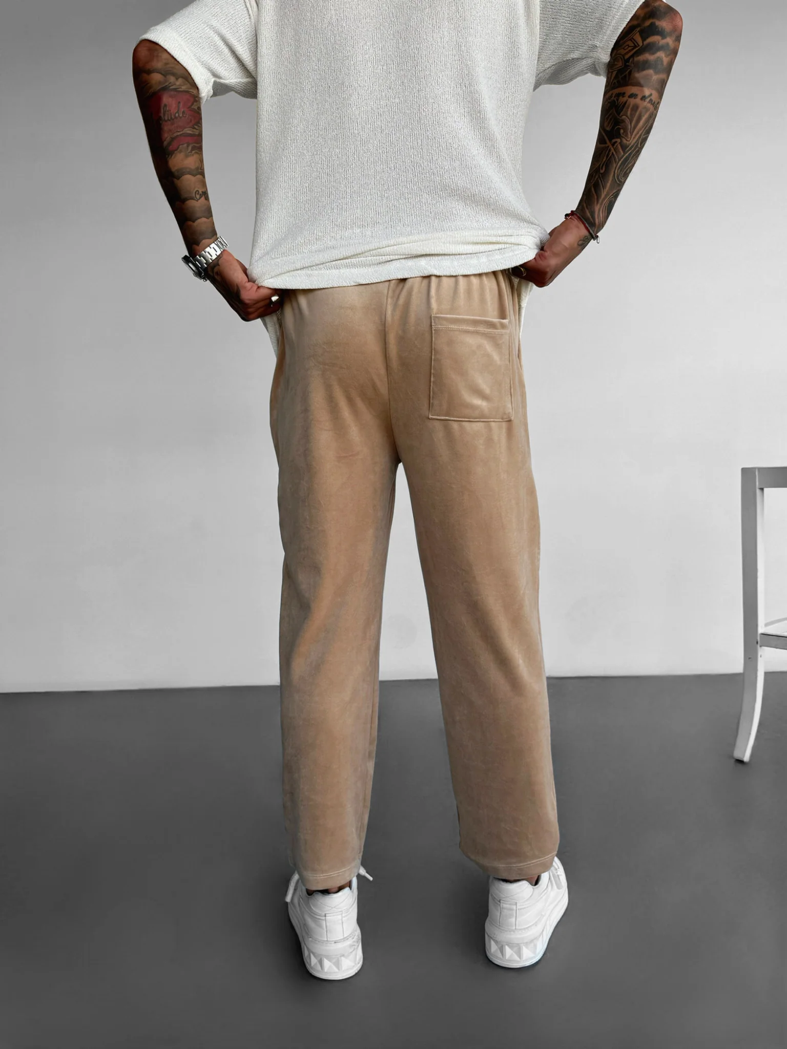 Loose Fit Velvet Trousers - Beige - Image 3