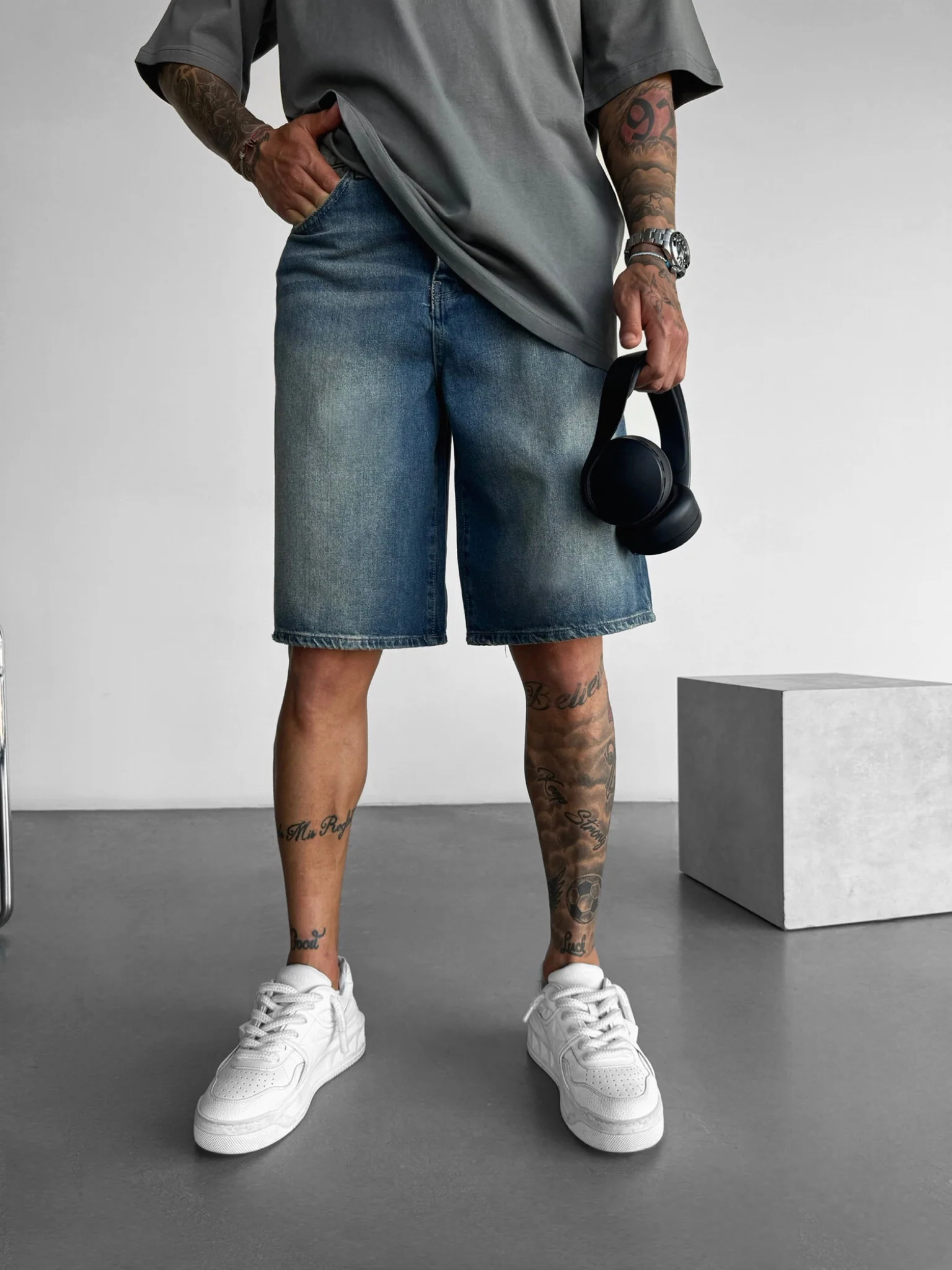 Loose Fit Washed Shorts - Blue - Image 3