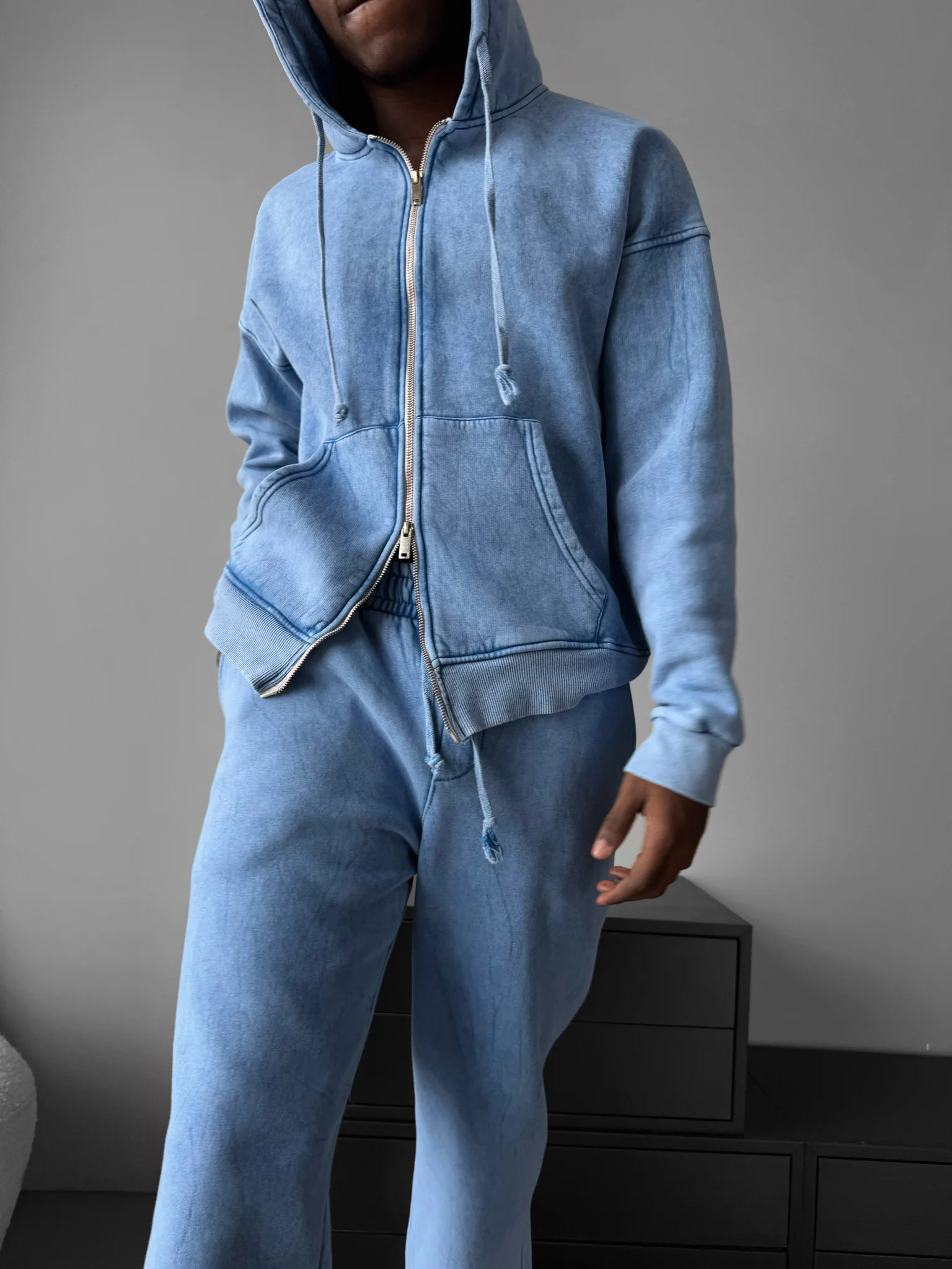 Loose Fit Washed Zipper Trousers - Babyblue - Image 3