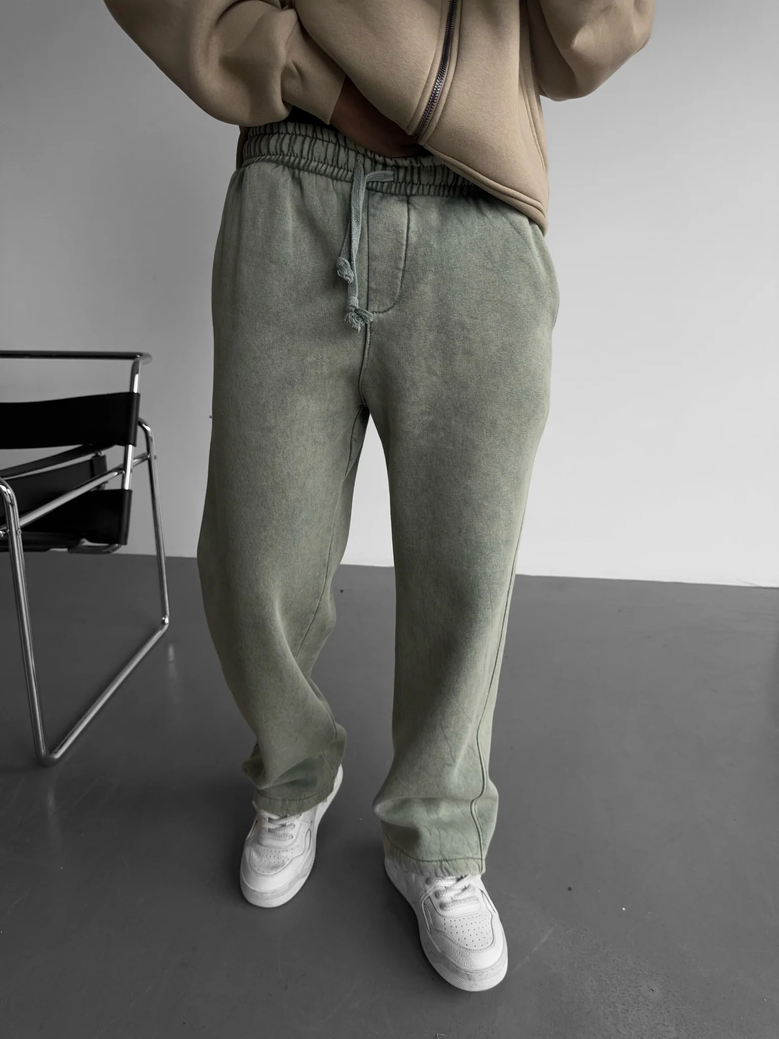 Loose Fit Washed Zipper Trousers - Khaki - Image 2