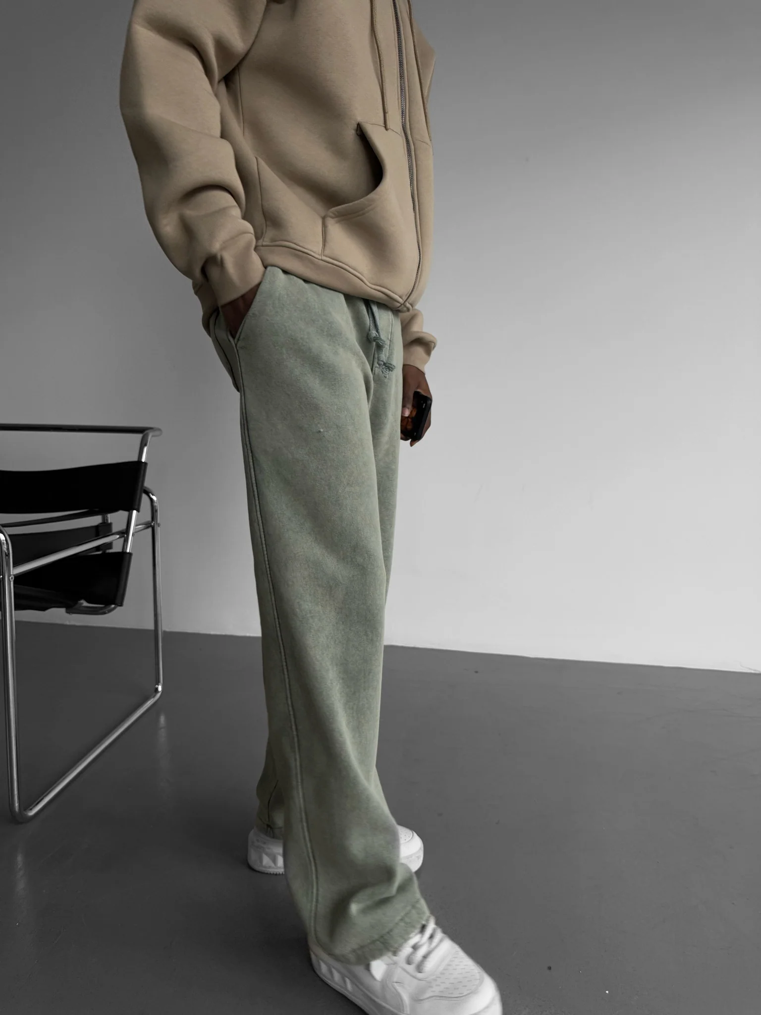 Loose Fit Washed Zipper Trousers - Khaki - Image 4