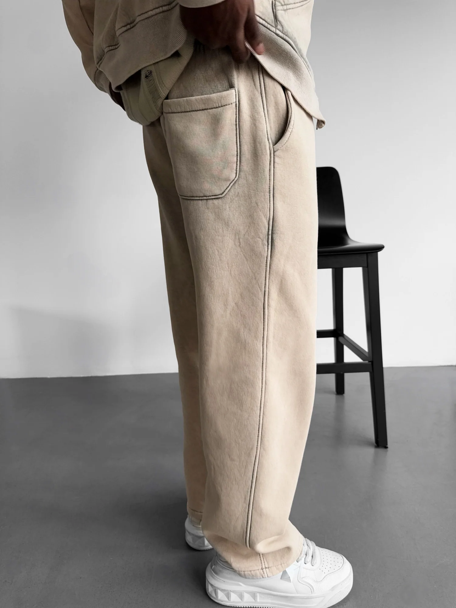 Loose Fit Washed Zipper Trousers - Stone - Image 3