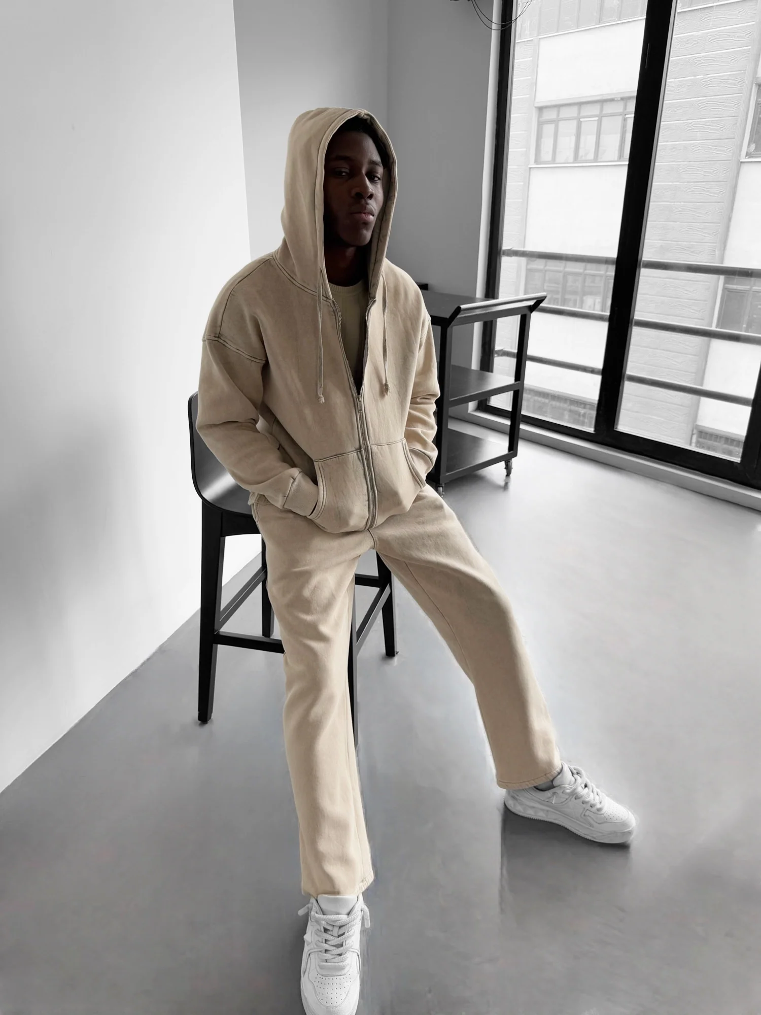 Loose Fit Washed Zipper Trousers - Stone - Image 4